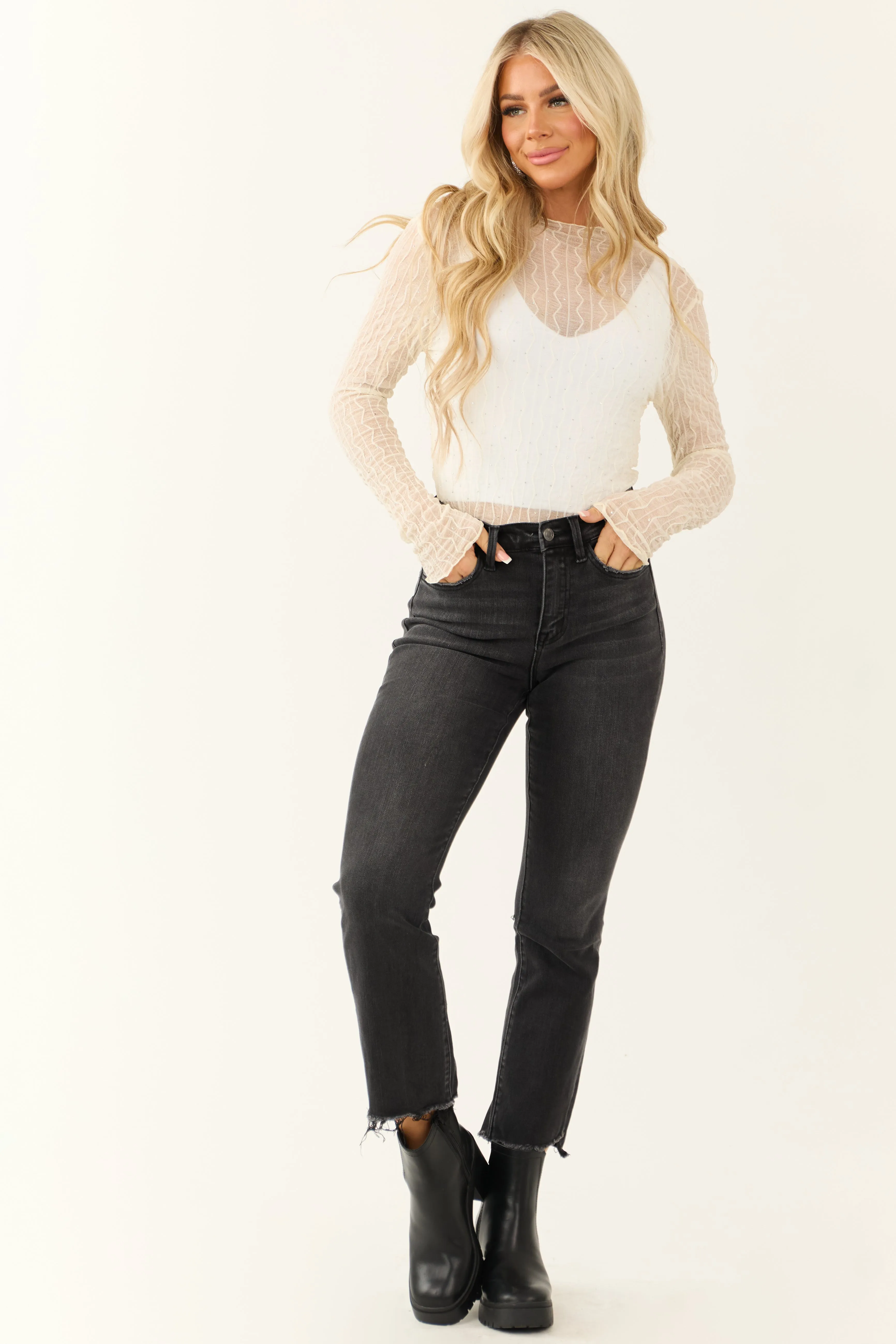 Cream Rhinestone Detail Long Sleeve Mesh Top sold by Lime Lush product image thumbnail 2