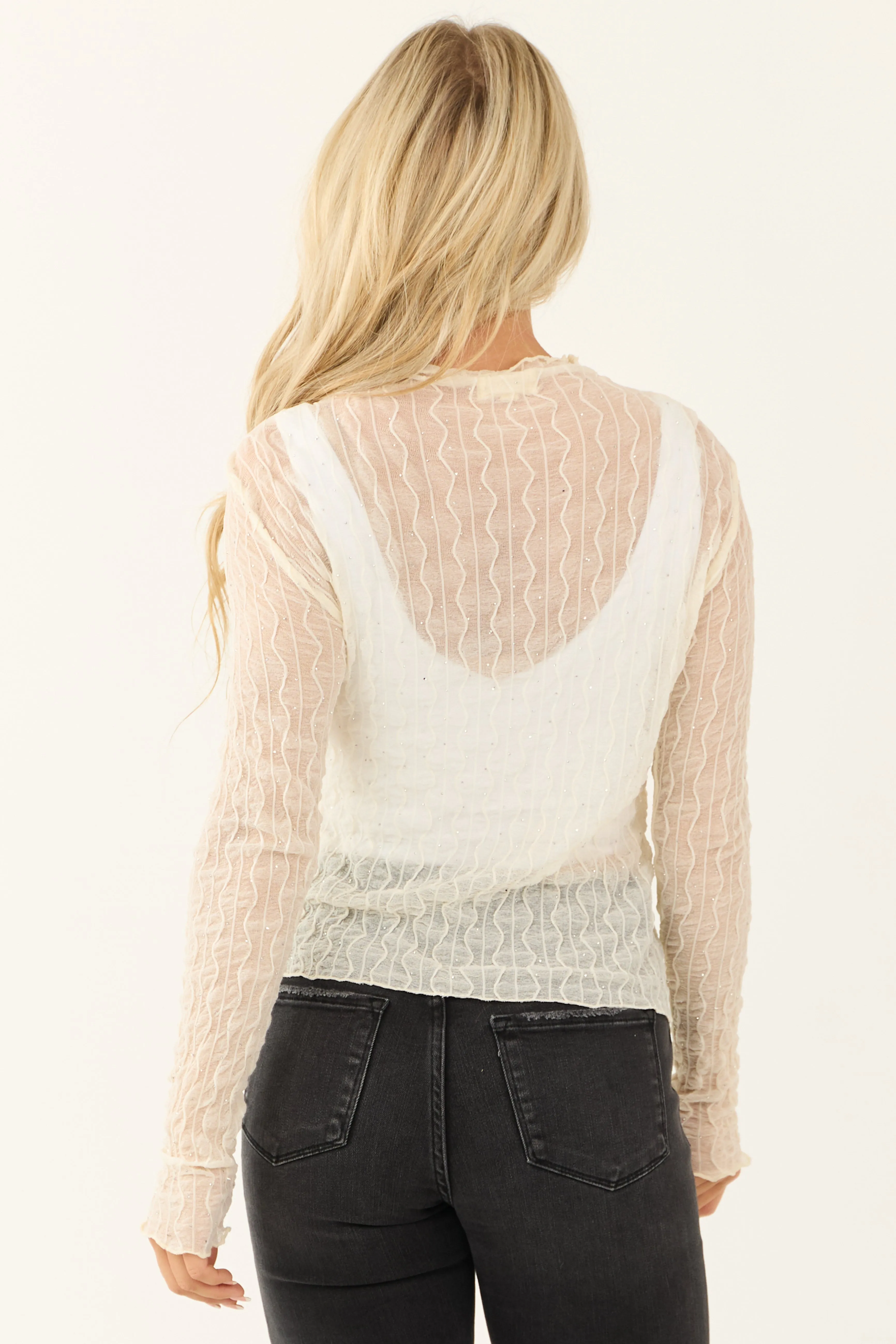 Cream Rhinestone Detail Long Sleeve Mesh Top sold by Lime Lush product image thumbnail 5
