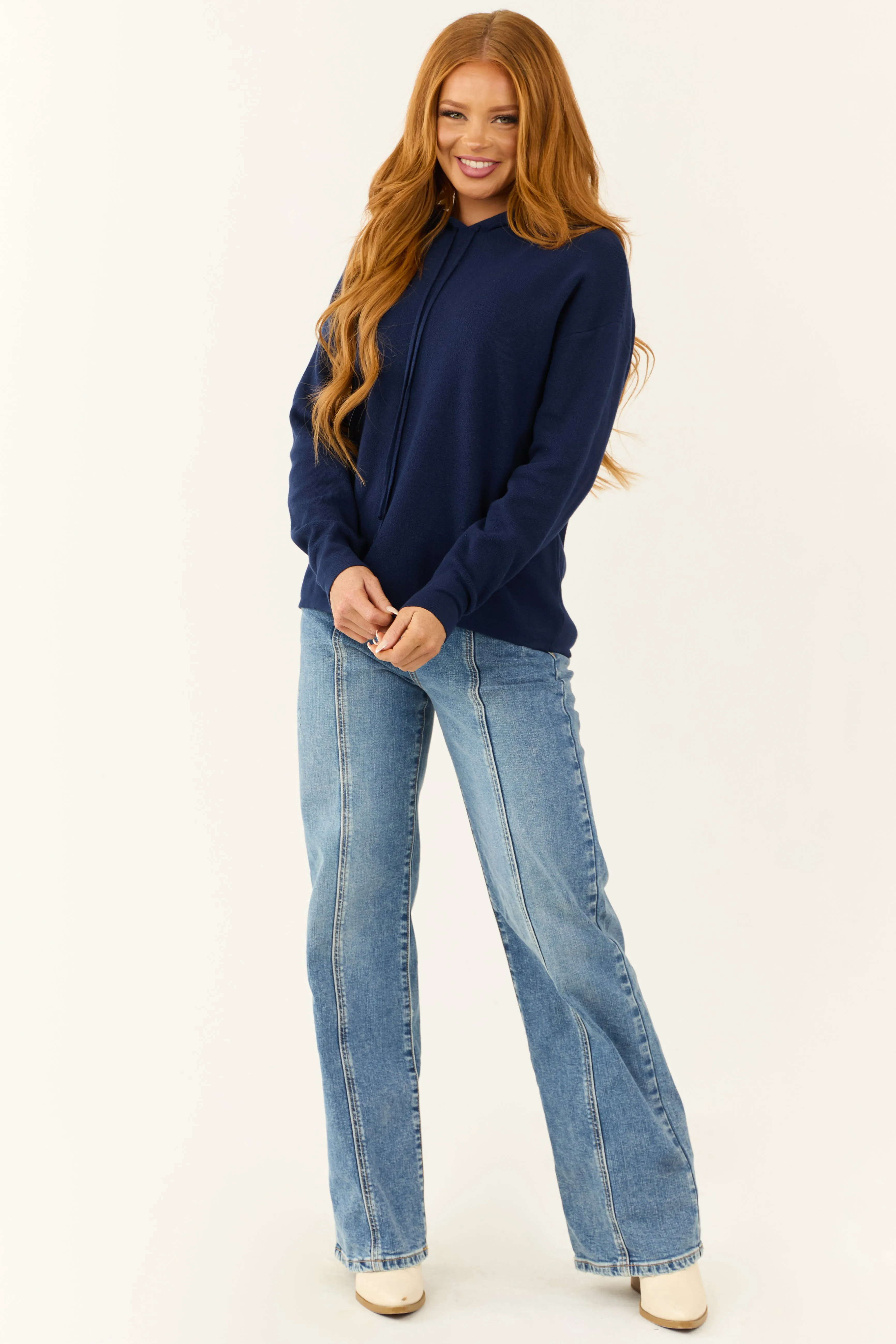 Navy Long Sleeve Knit Drawstring Hoodie sold by Lime Lush product image thumbnail 3