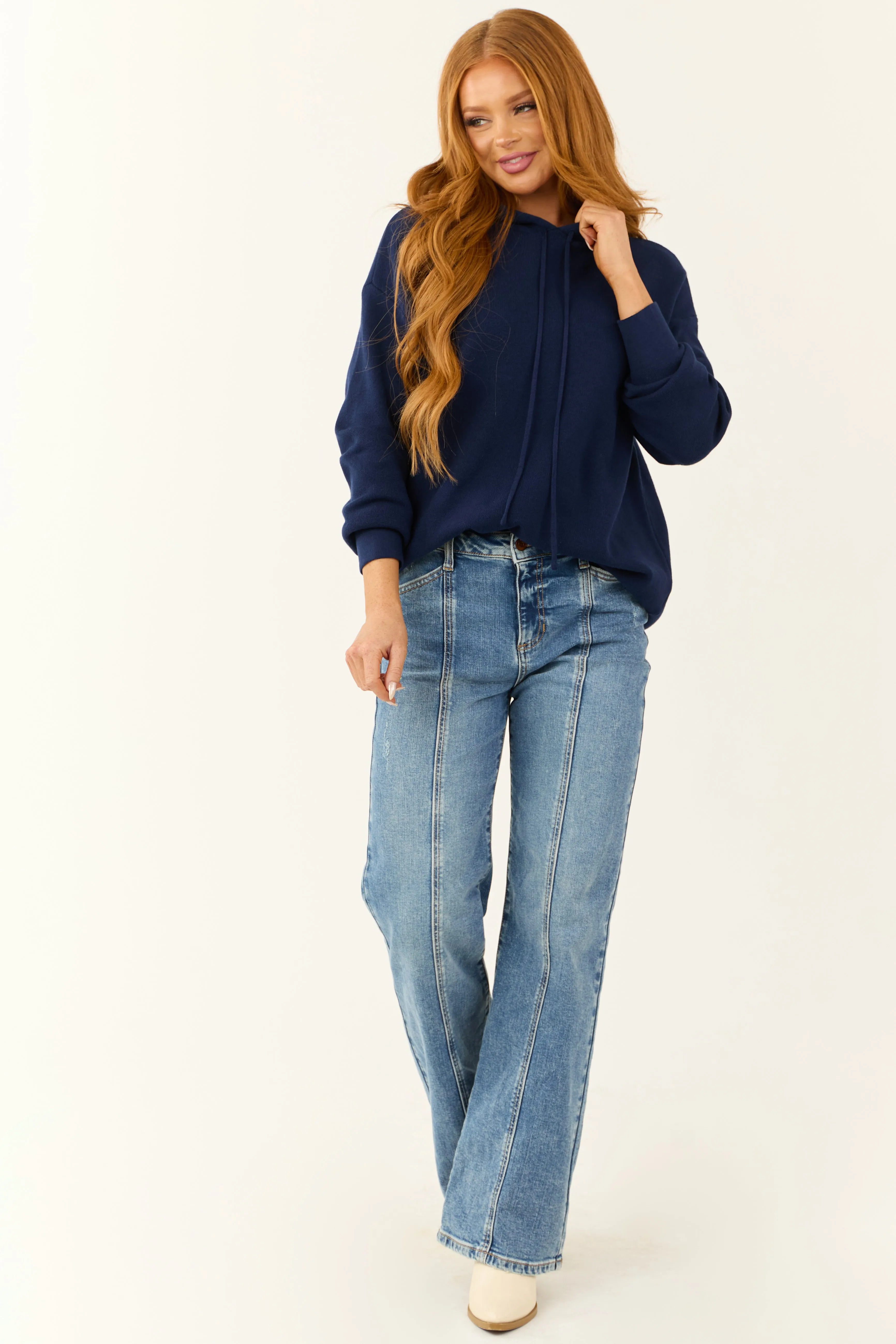 Navy Long Sleeve Knit Drawstring Hoodie sold by Lime Lush product image thumbnail 2