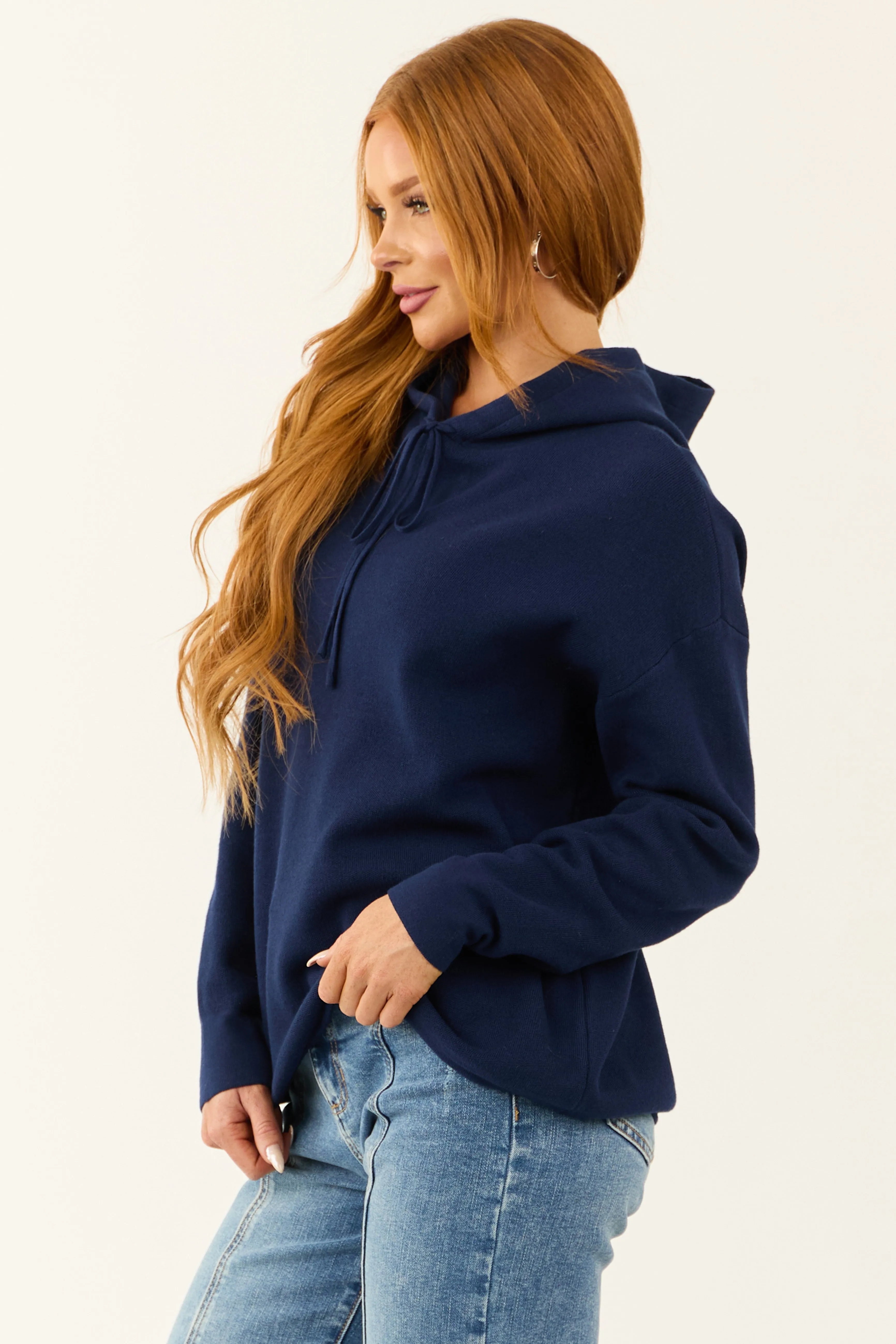 Navy Long Sleeve Knit Drawstring Hoodie sold by Lime Lush product image thumbnail 4