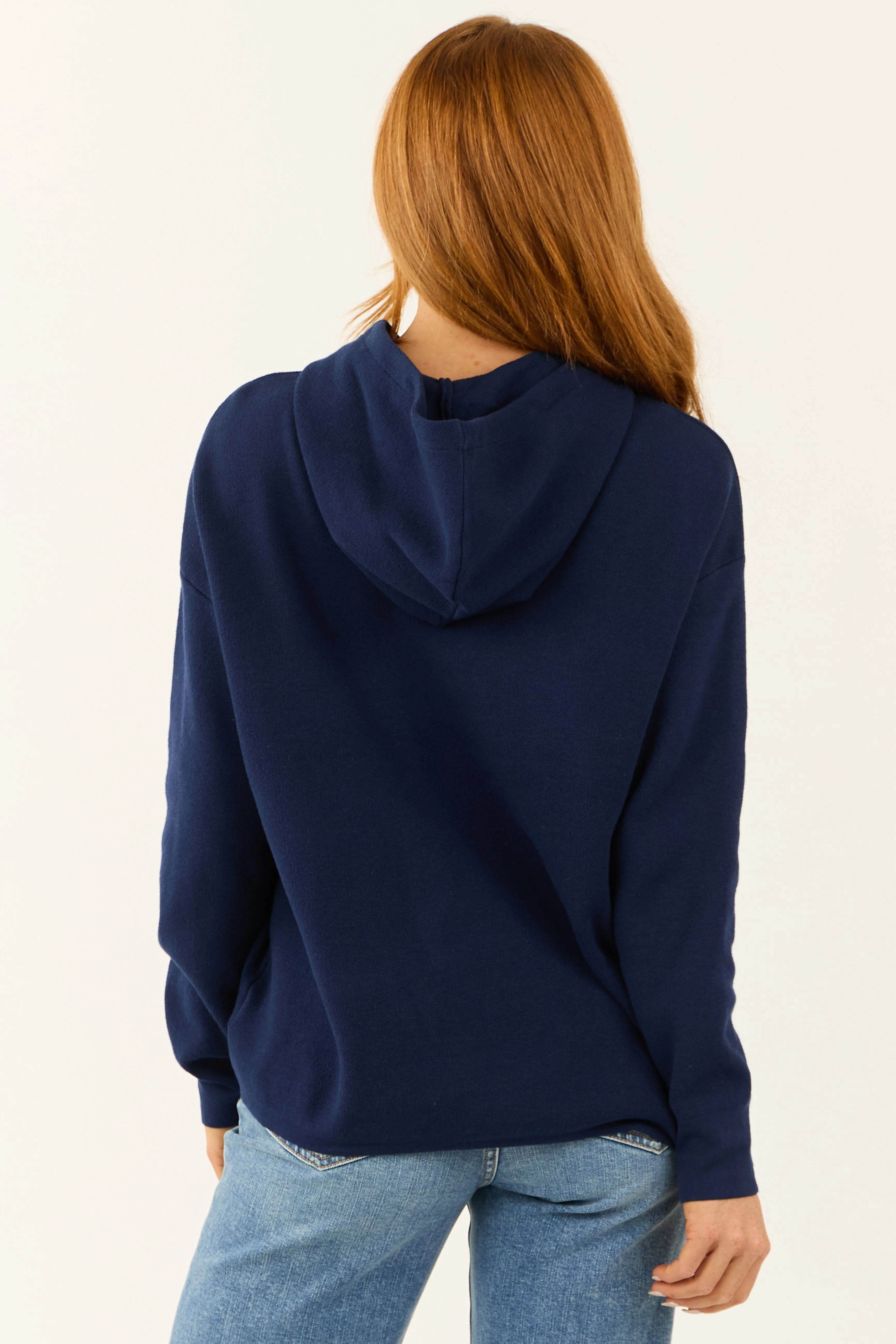 Navy Long Sleeve Knit Drawstring Hoodie sold by Lime Lush product image thumbnail 5
