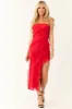 Lipstick Strapless Ruffle Asymmetrical Midi Dress sold by Lime Lush