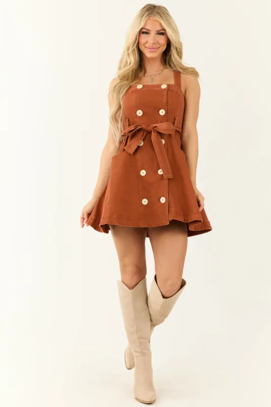 Rust Double Button Denim Mini Dress with Waist Tie sold by Lime Lush