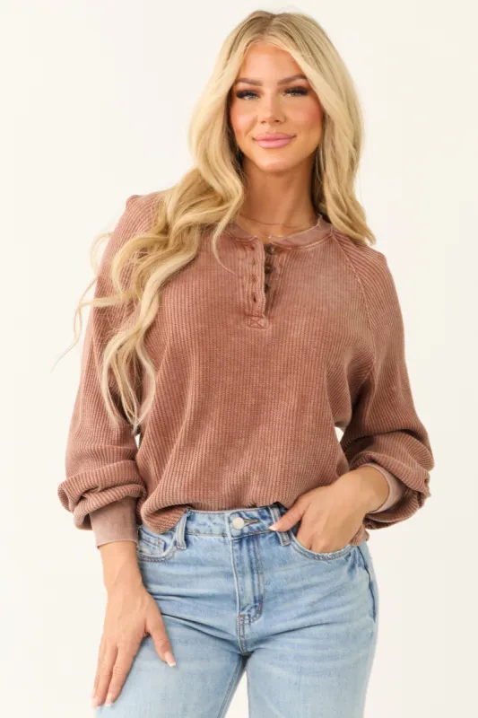 Chestnut Waffle Knit Half Button Long Sleeve Top sold by Lime Lush
