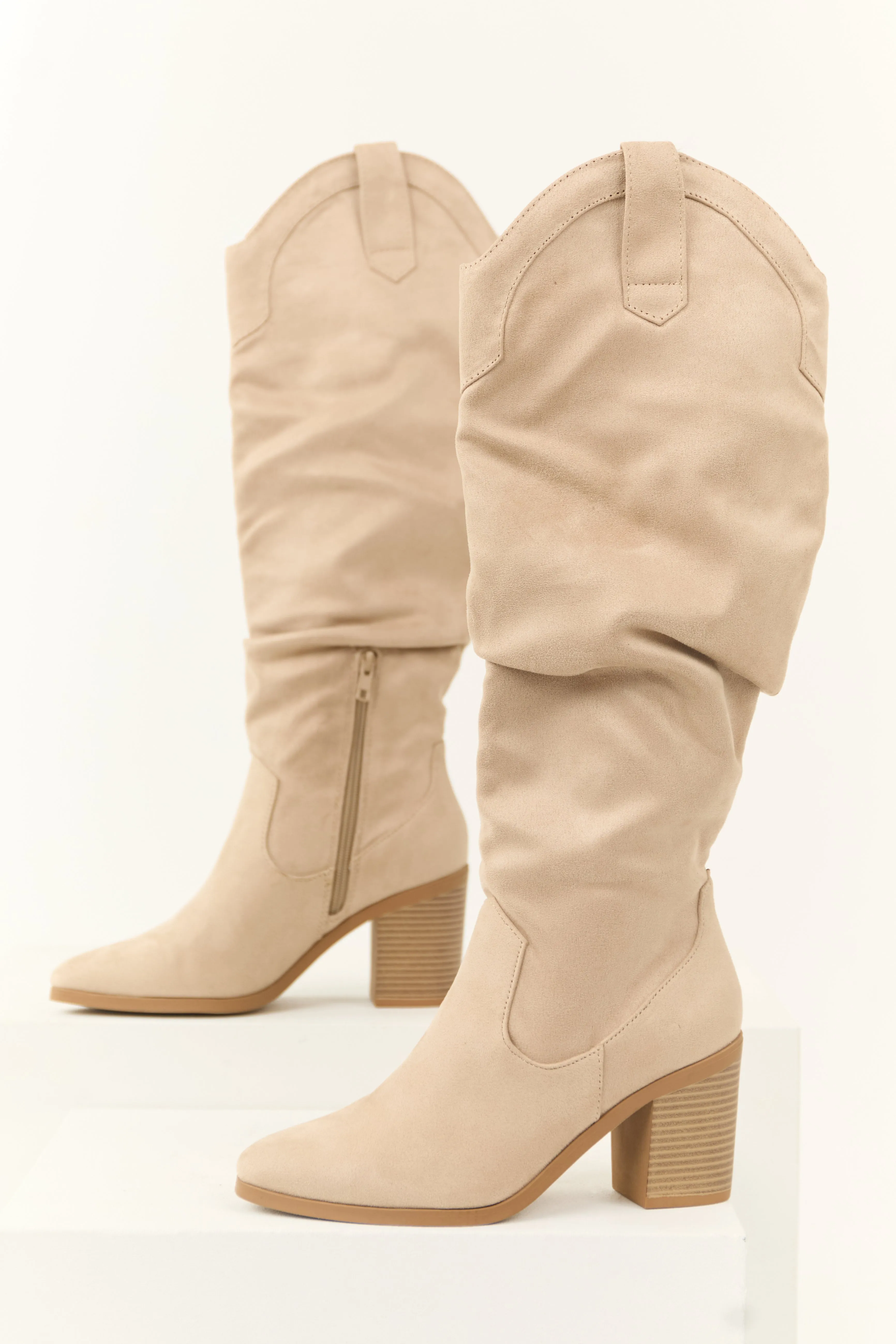 Almond Faux Suede Slouchy Knee High Heeled Boots sold by Lime Lush