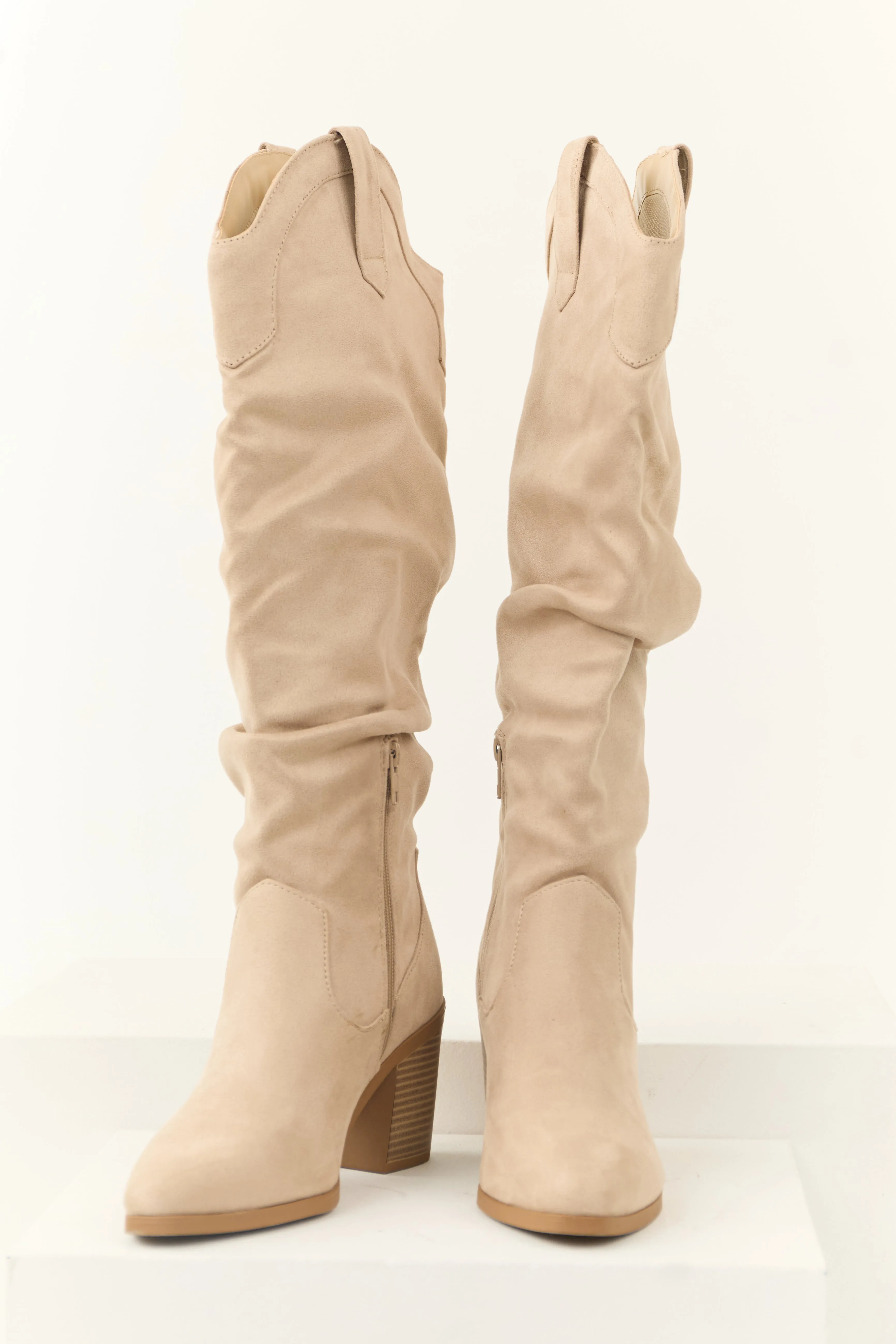 Almond Faux Suede Slouchy Knee High Heeled Boots sold by Lime Lush product image thumbnail 3