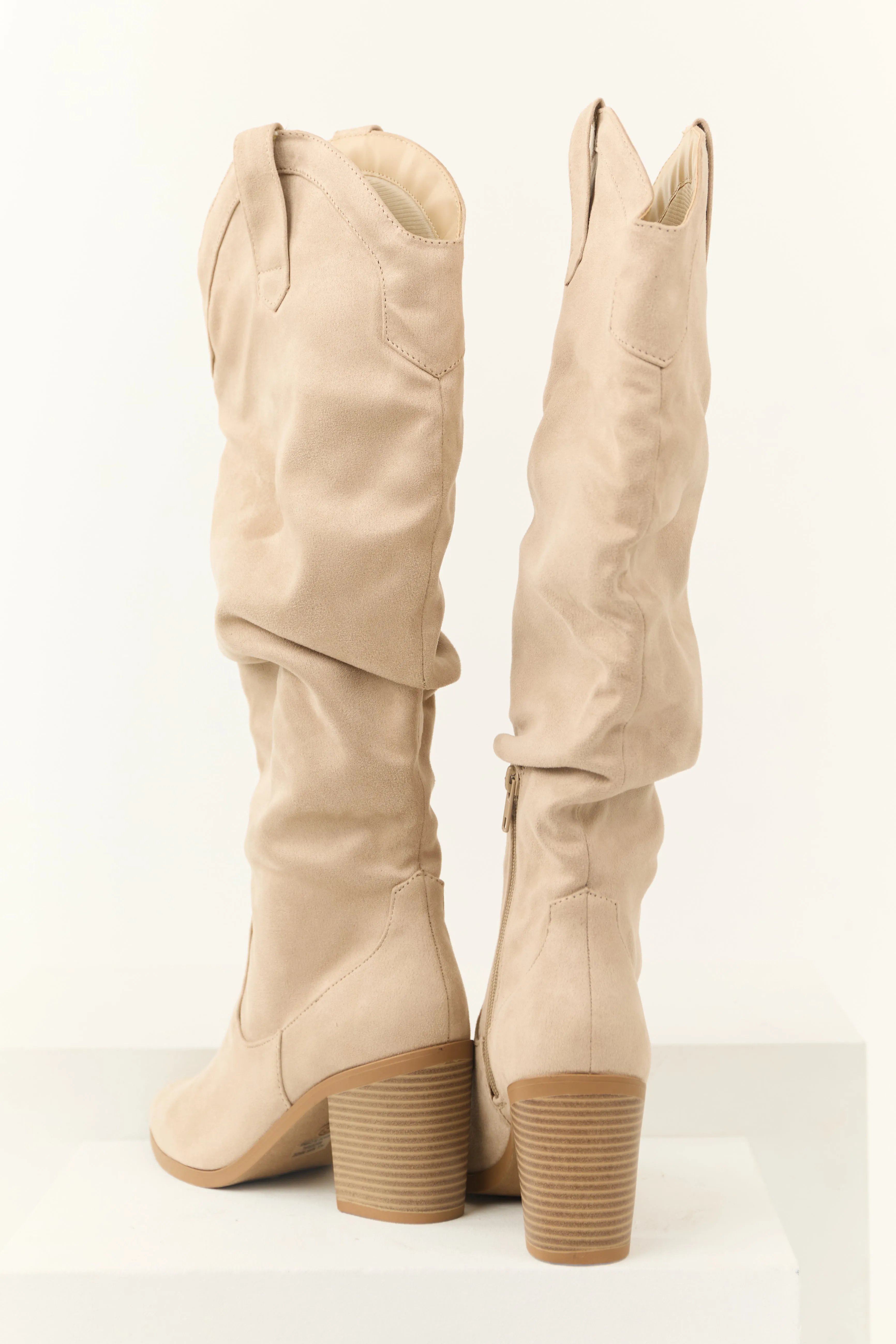 Almond Faux Suede Slouchy Knee High Heeled Boots sold by Lime Lush product image thumbnail 2