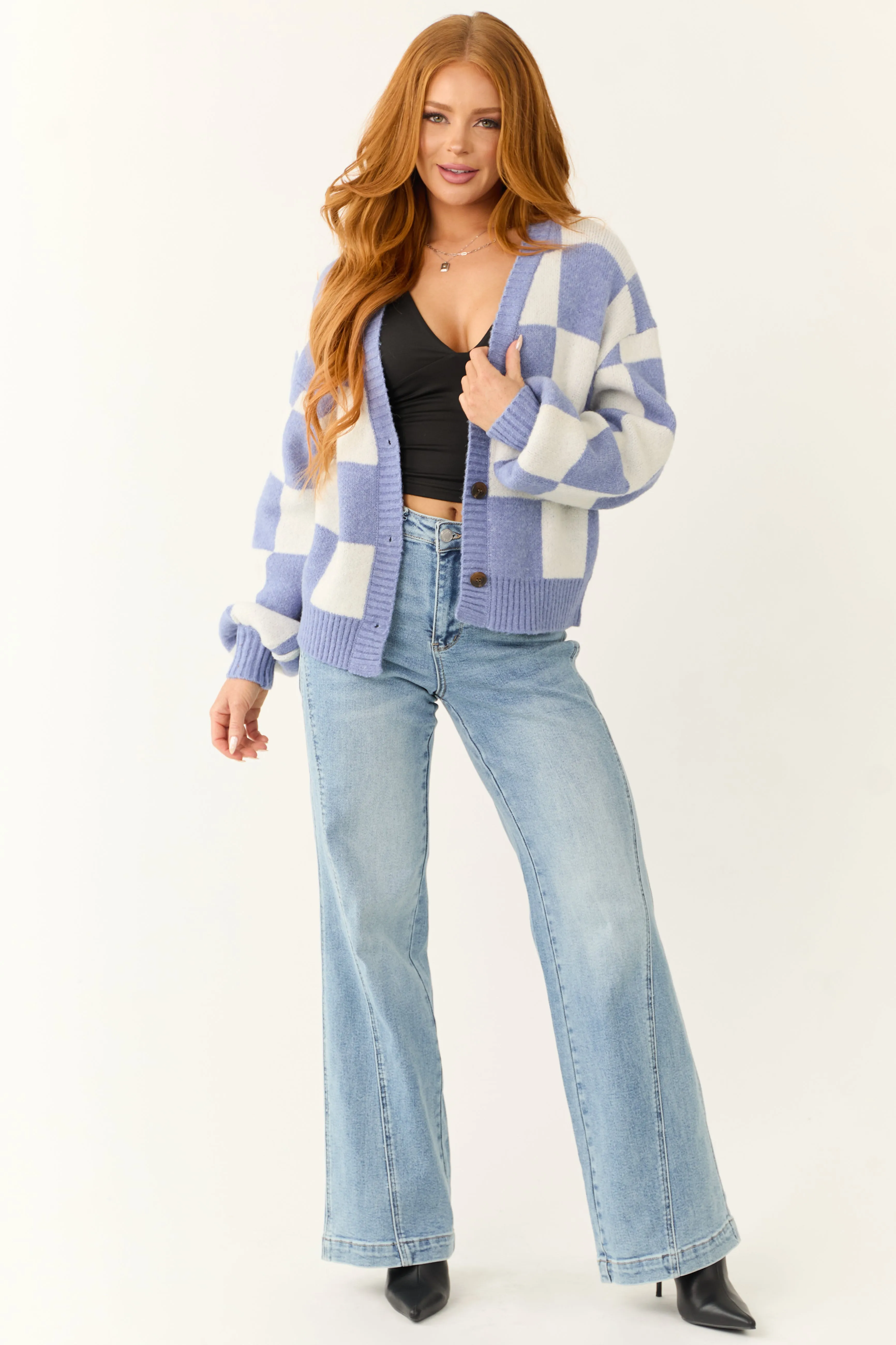 Dusty Blue and Ivory Checkered Print Cardigan sold by Lime Lush product image thumbnail 3
