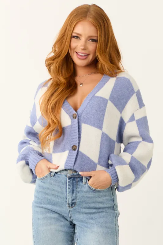 Dusty Blue and Ivory Checkered Print Cardigan sold by Lime Lush