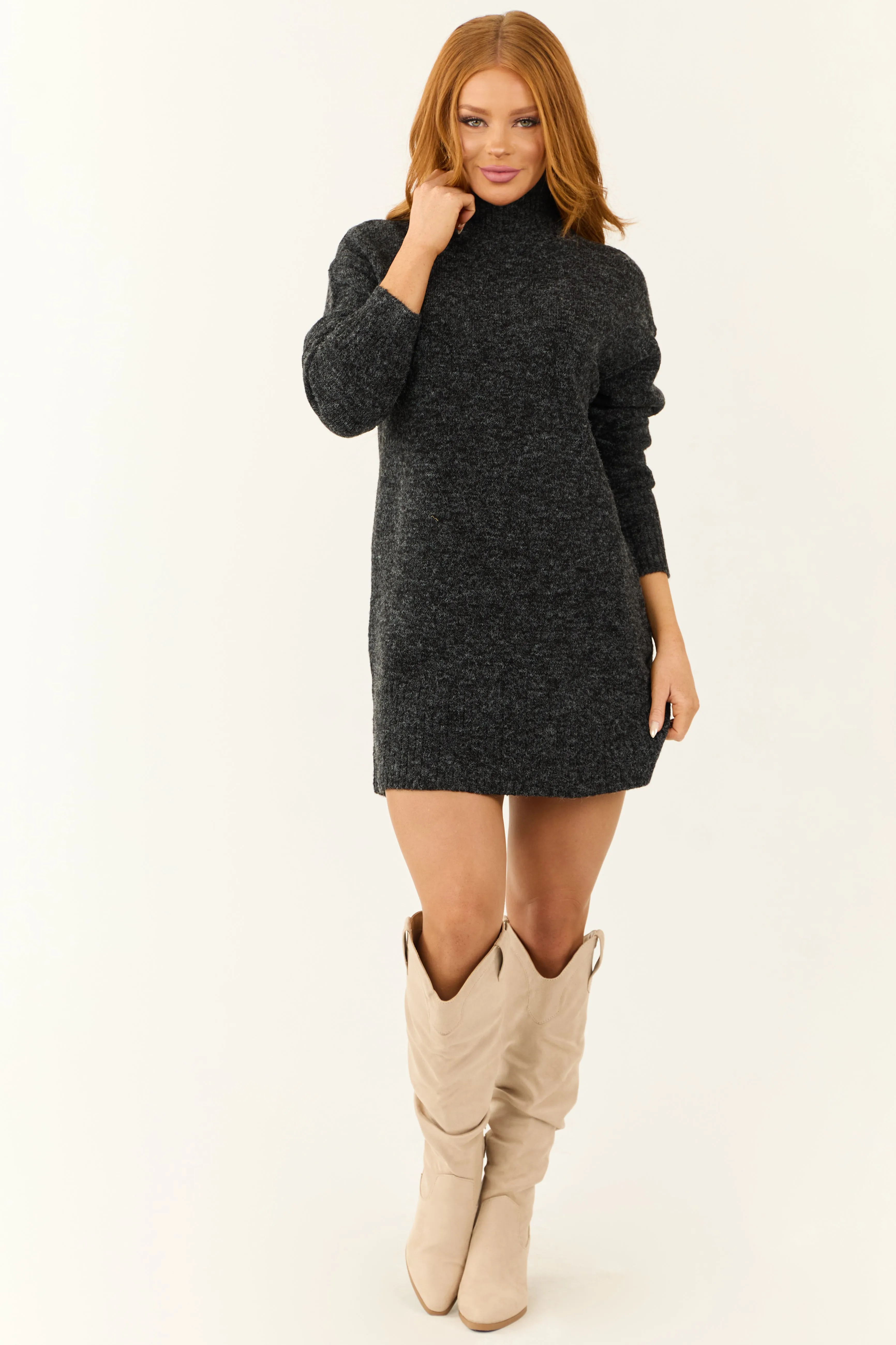 Charcoal Mock Neck Mini Sweater Dress sold by Lime Lush