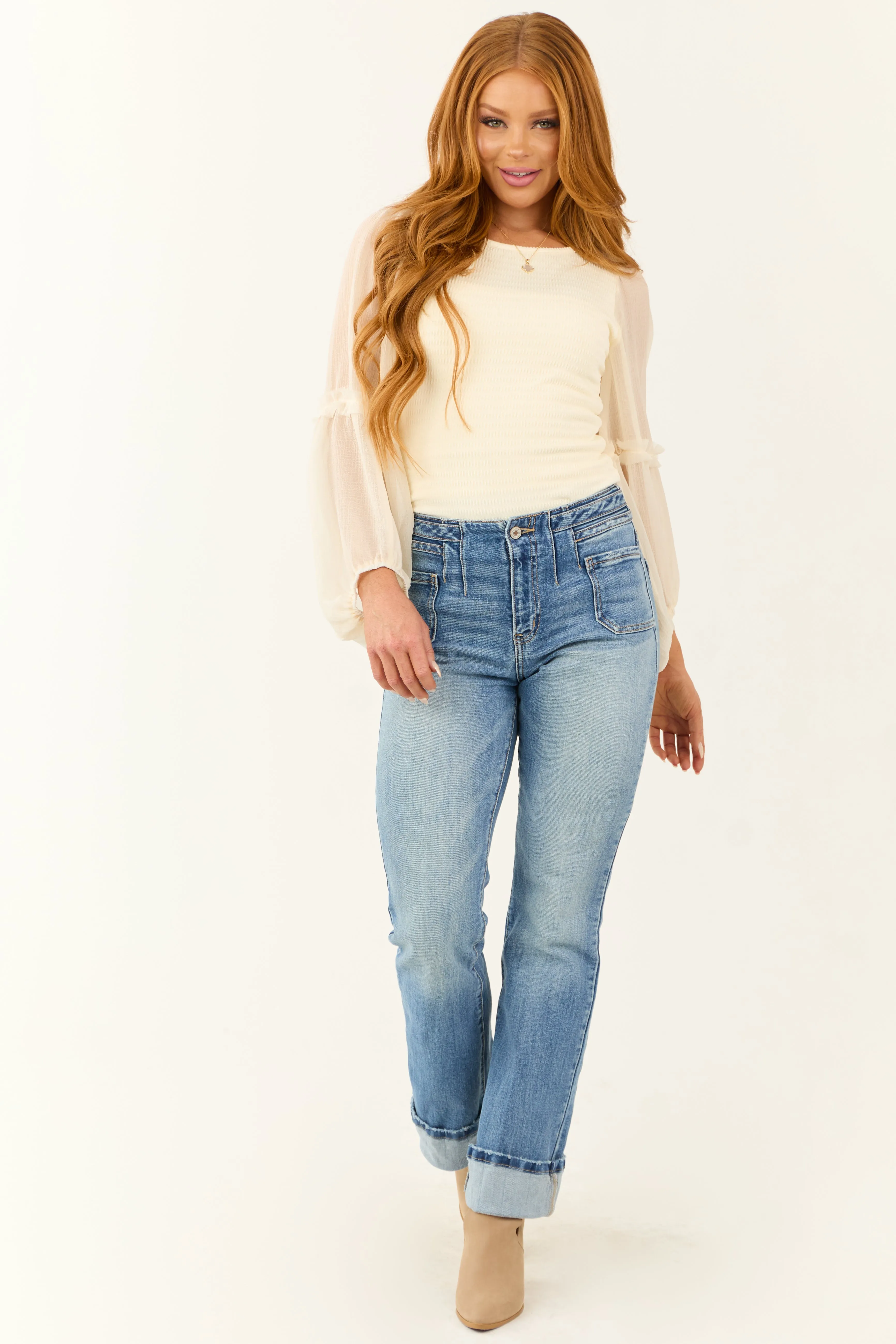 Cream Chiffon Long Balloon Sleeve Smocked Top sold by Lime Lush product image thumbnail 3