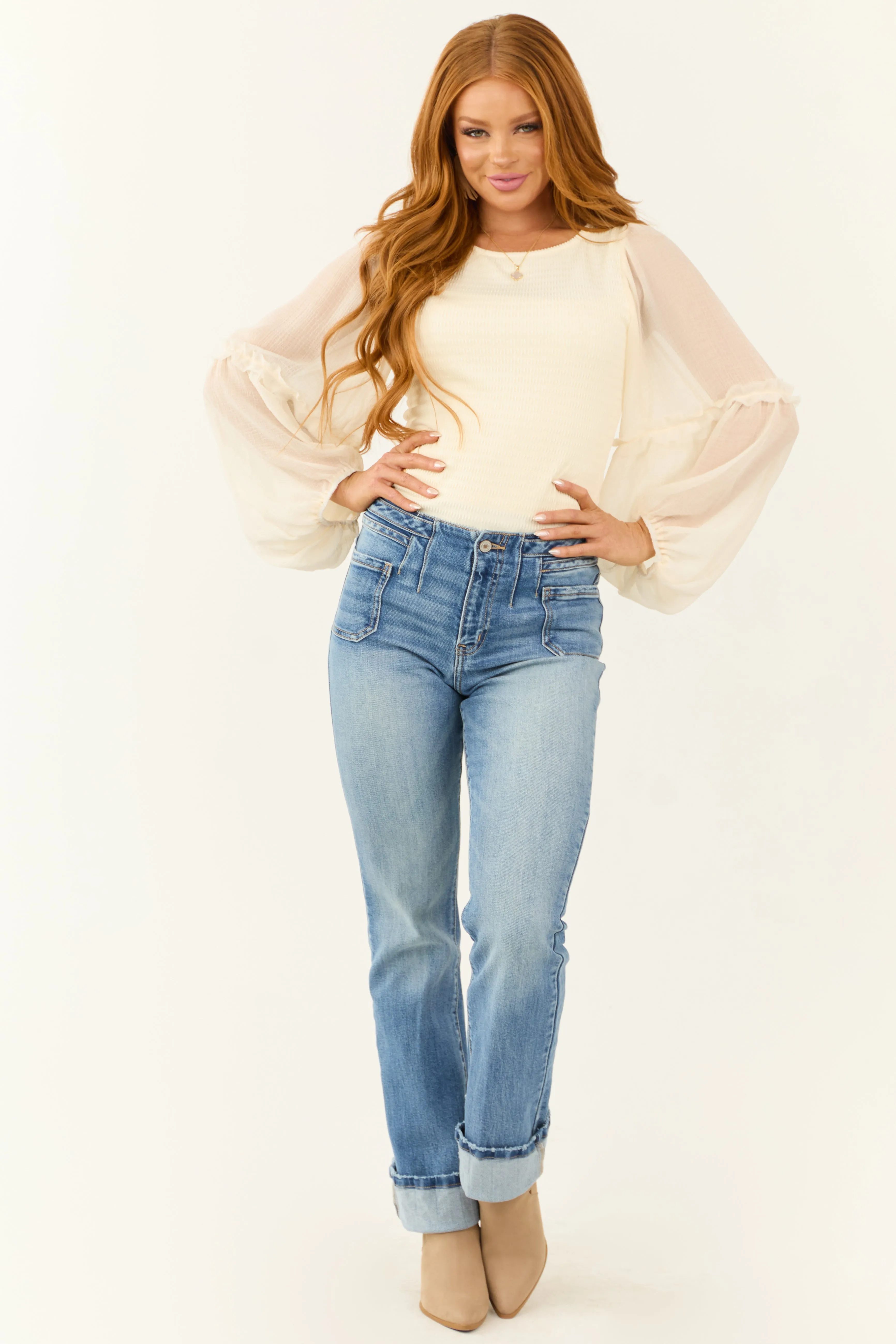 Cream Chiffon Long Balloon Sleeve Smocked Top sold by Lime Lush product image thumbnail 2