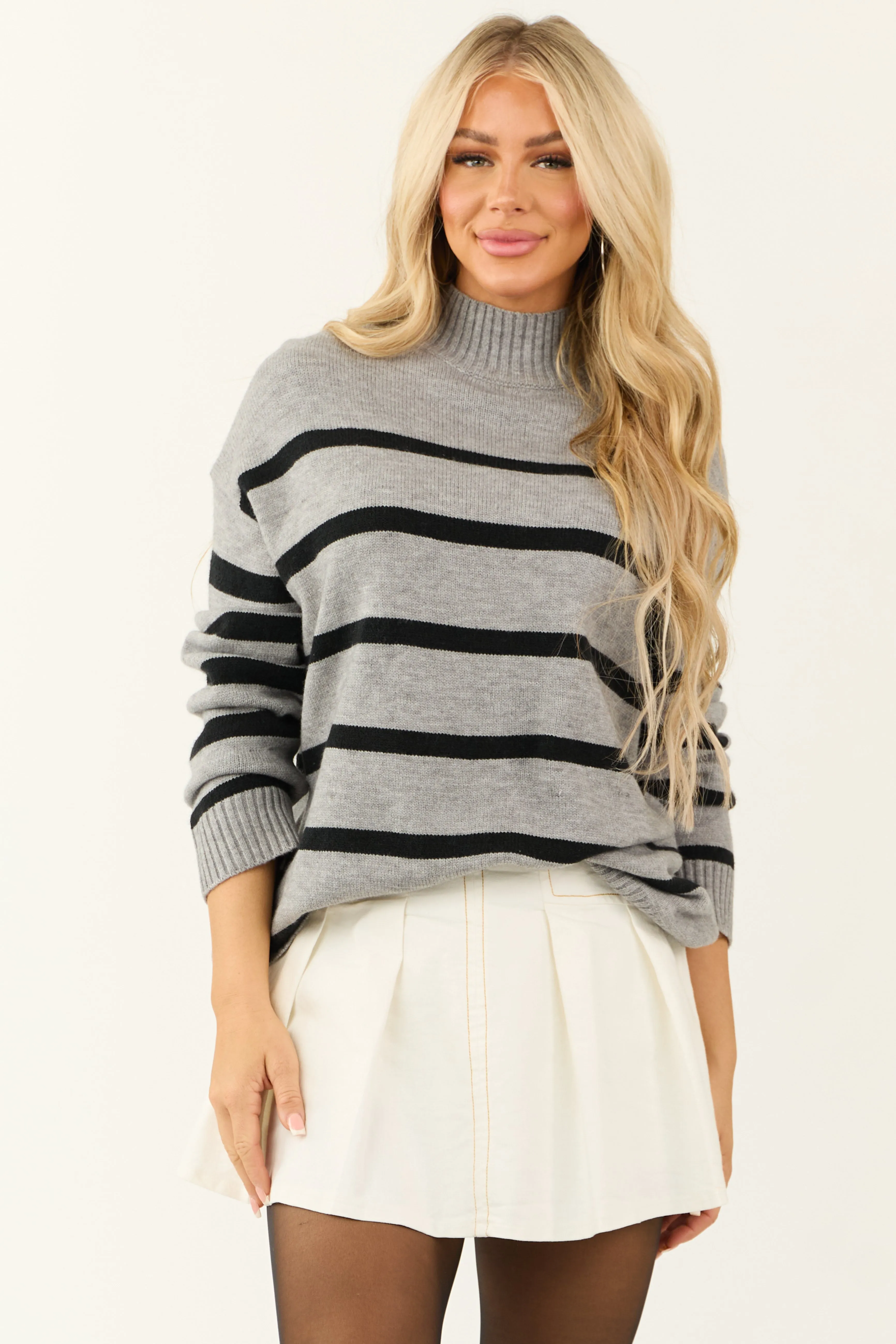 Slate Striped Mock Neck Long Sleeve Sweater sold by Lime Lush