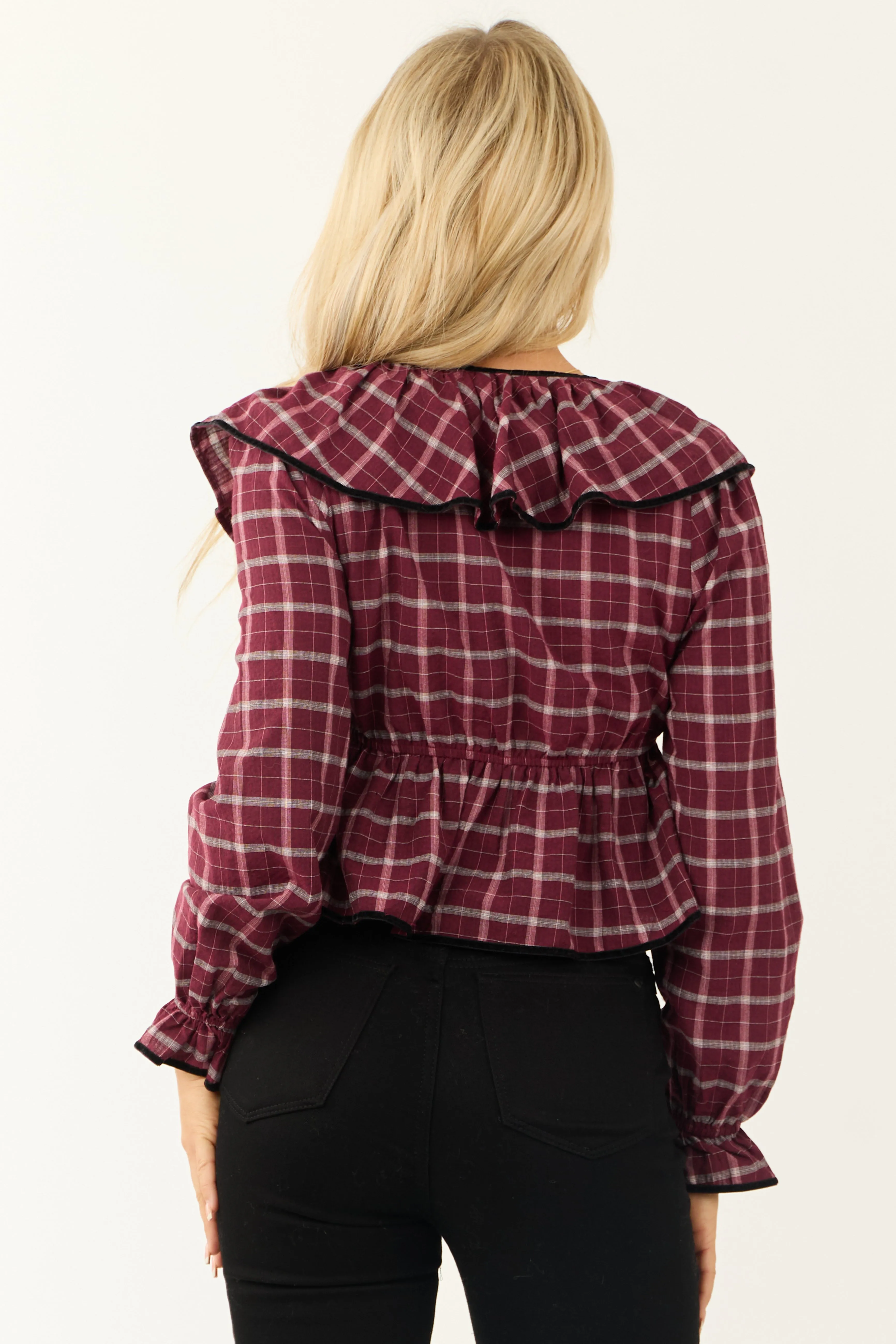 Wine Plaid V Neck Velvet Trim Long Sleeve Top sold by Lime Lush product image thumbnail 5