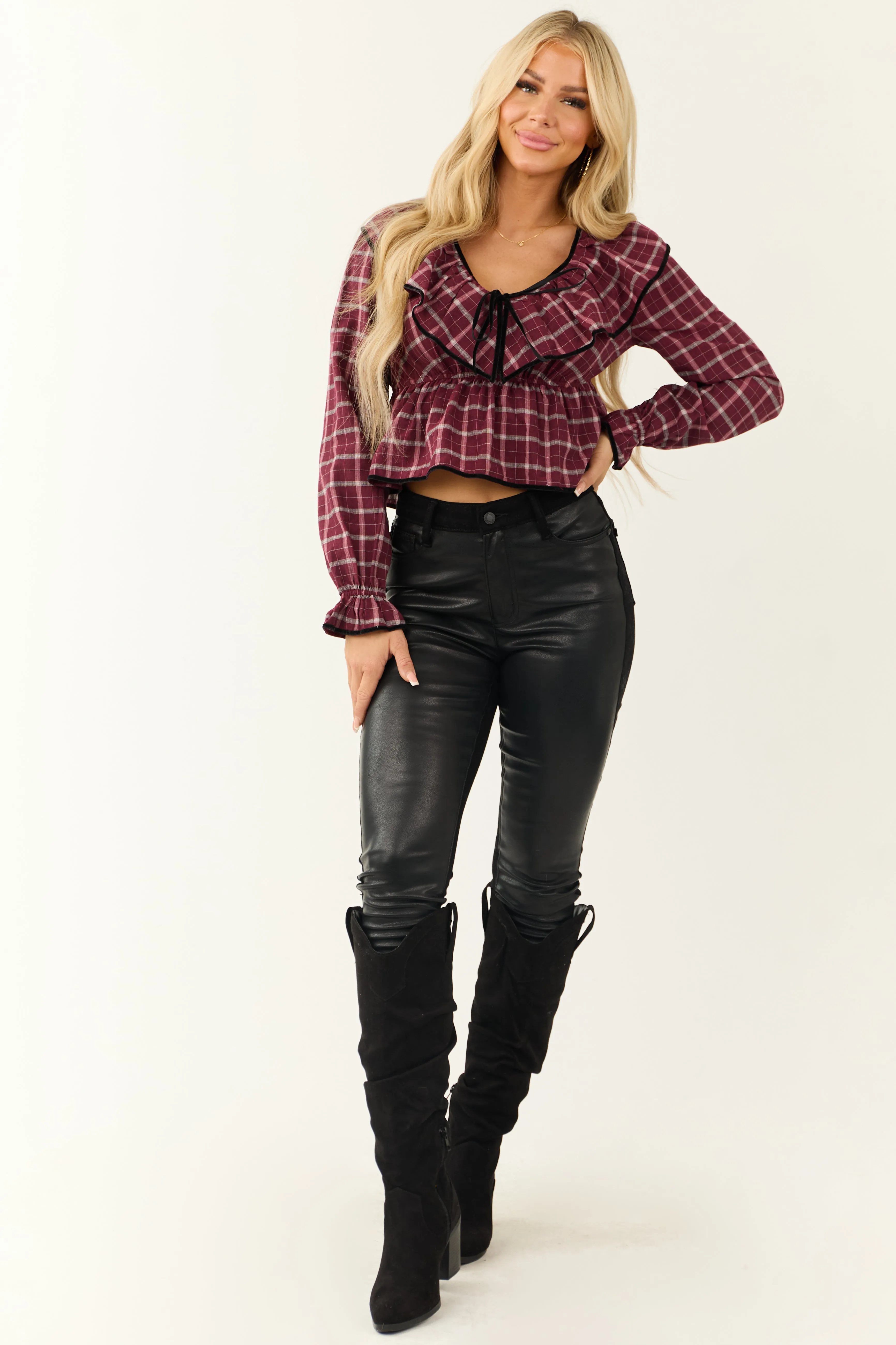 Wine Plaid V Neck Velvet Trim Long Sleeve Top sold by Lime Lush product image thumbnail 3