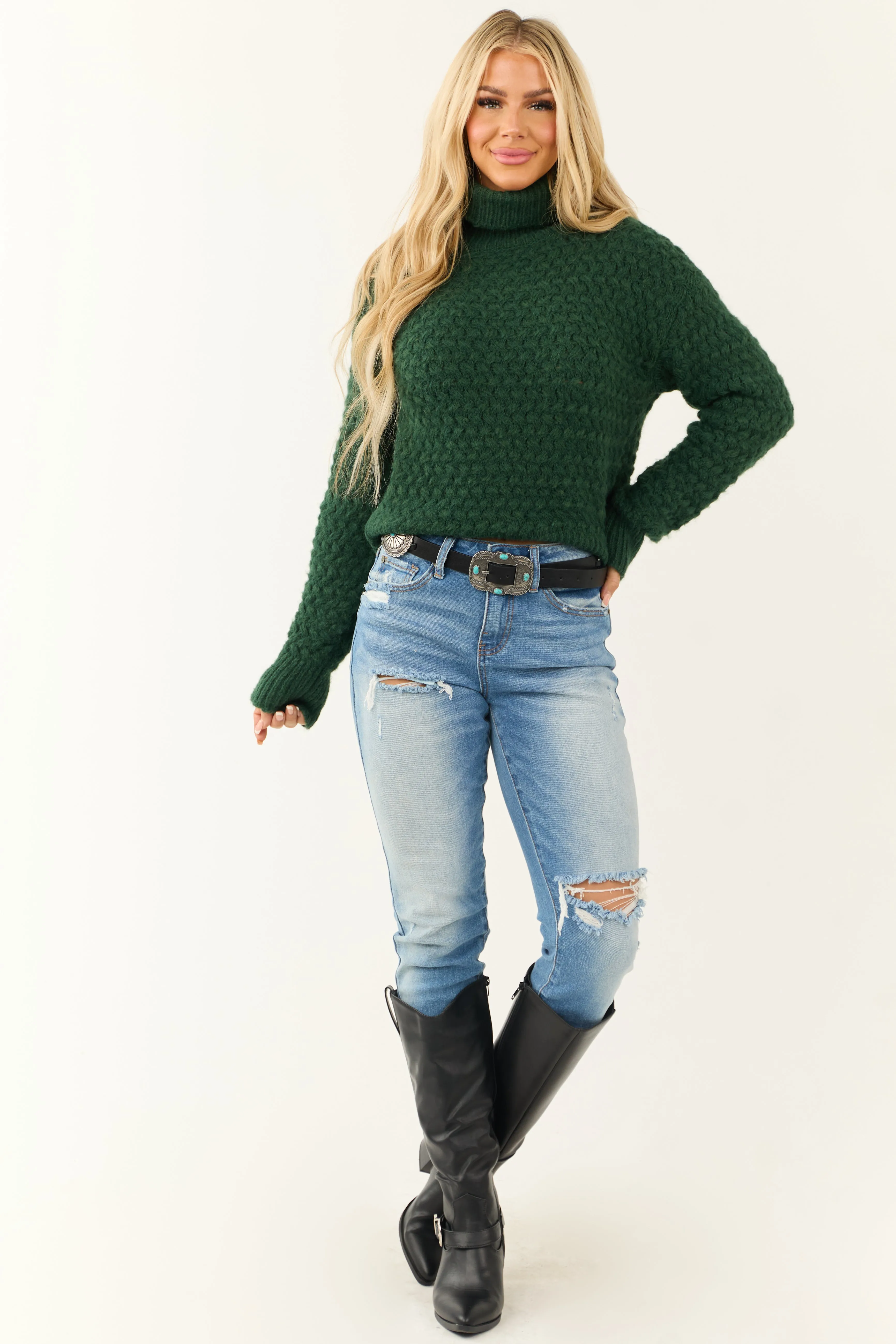 Dark Pine Textured Long Sleeve Turtleneck Sweater sold by Lime Lush product image thumbnail 4