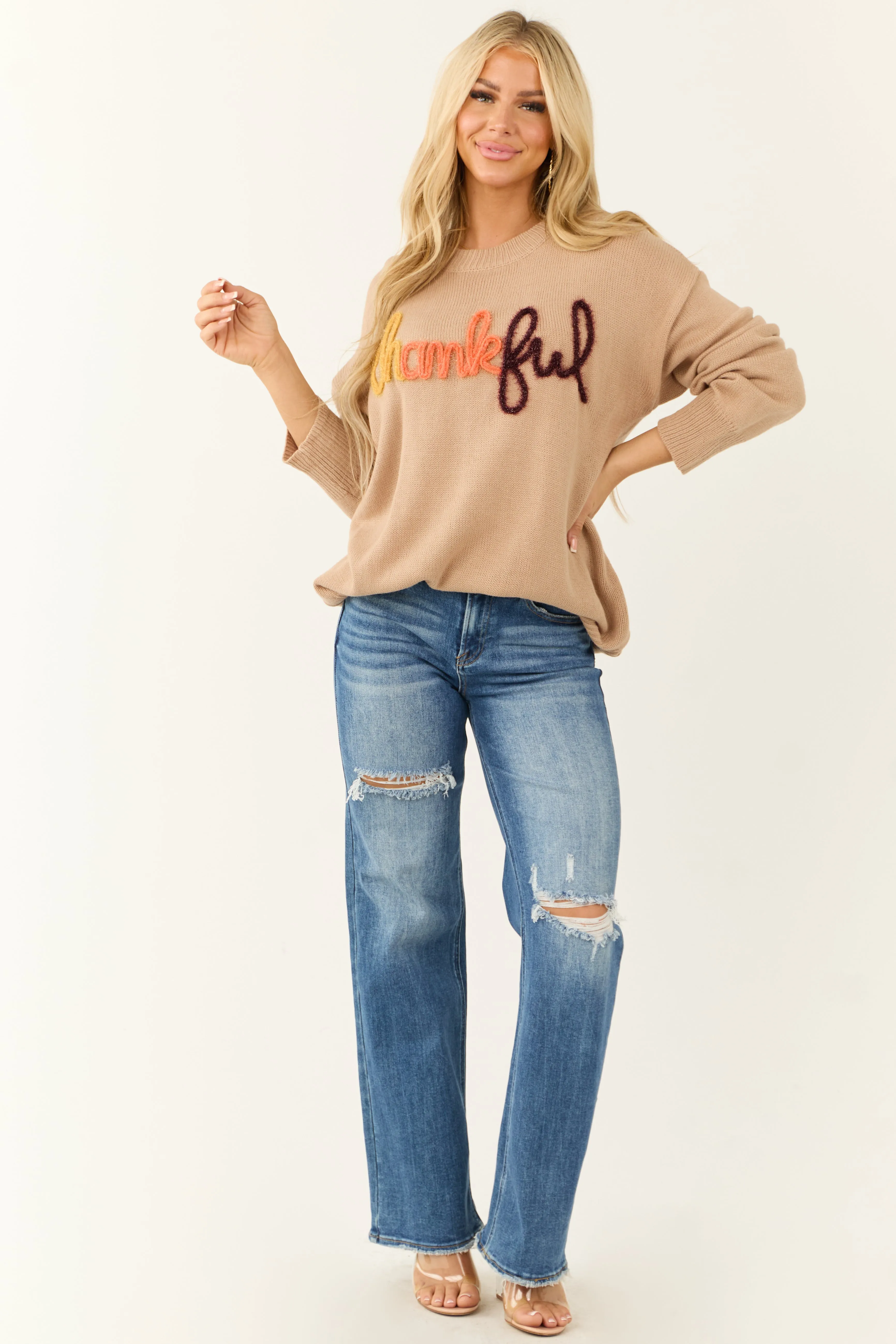 Latte 'Thankful' Metallic Yarn Graphic Sweater sold by Lime Lush product image thumbnail 3