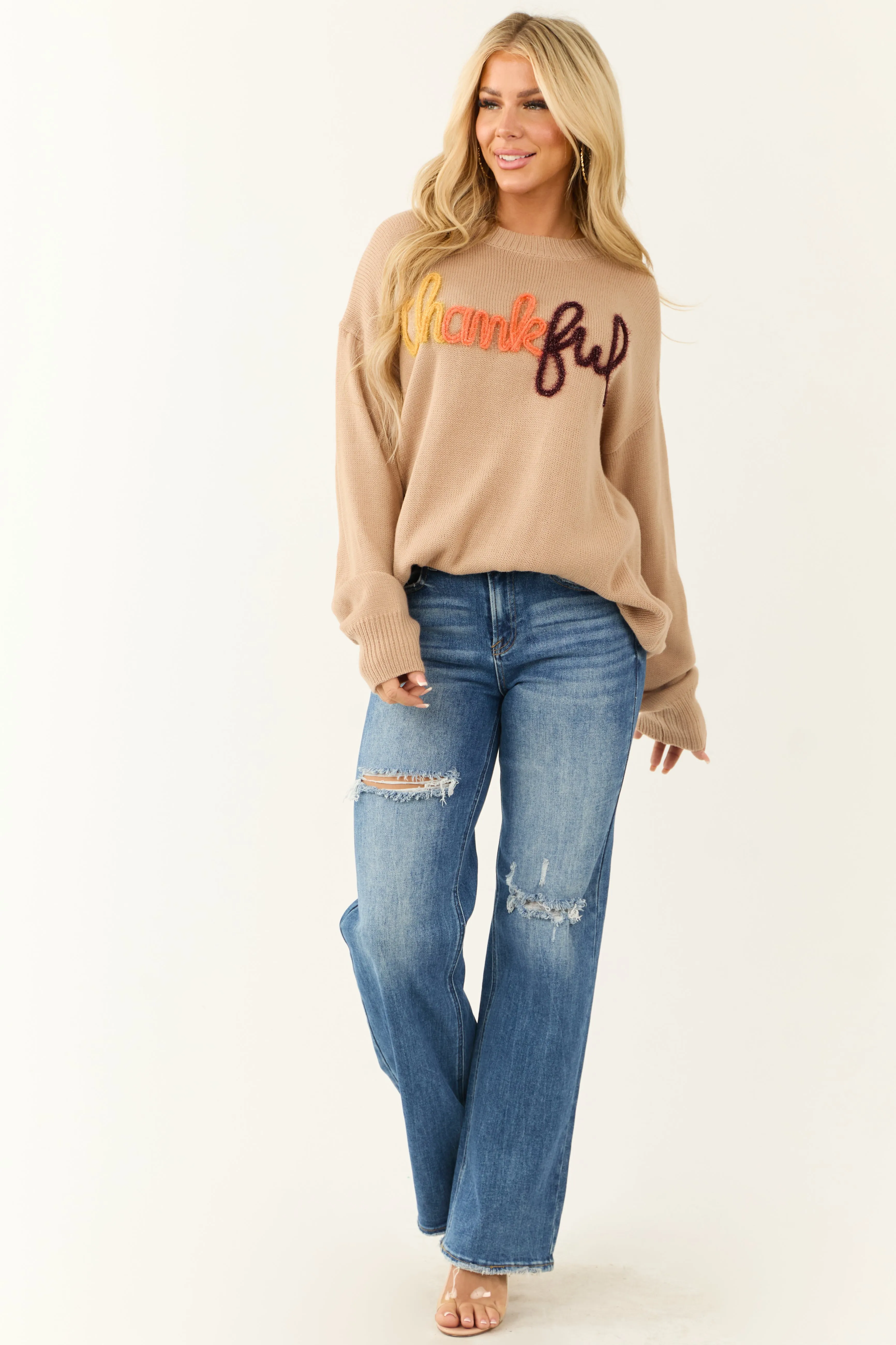 Latte 'Thankful' Metallic Yarn Graphic Sweater sold by Lime Lush product image thumbnail 2