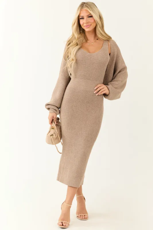 Latte Ribbed Knit Midi Dress and Shrug Cardigan Set sold by Lime Lush