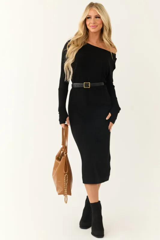 Black Boat Neck Long Sleeve Midi Sweater Dress sold by Lime Lush