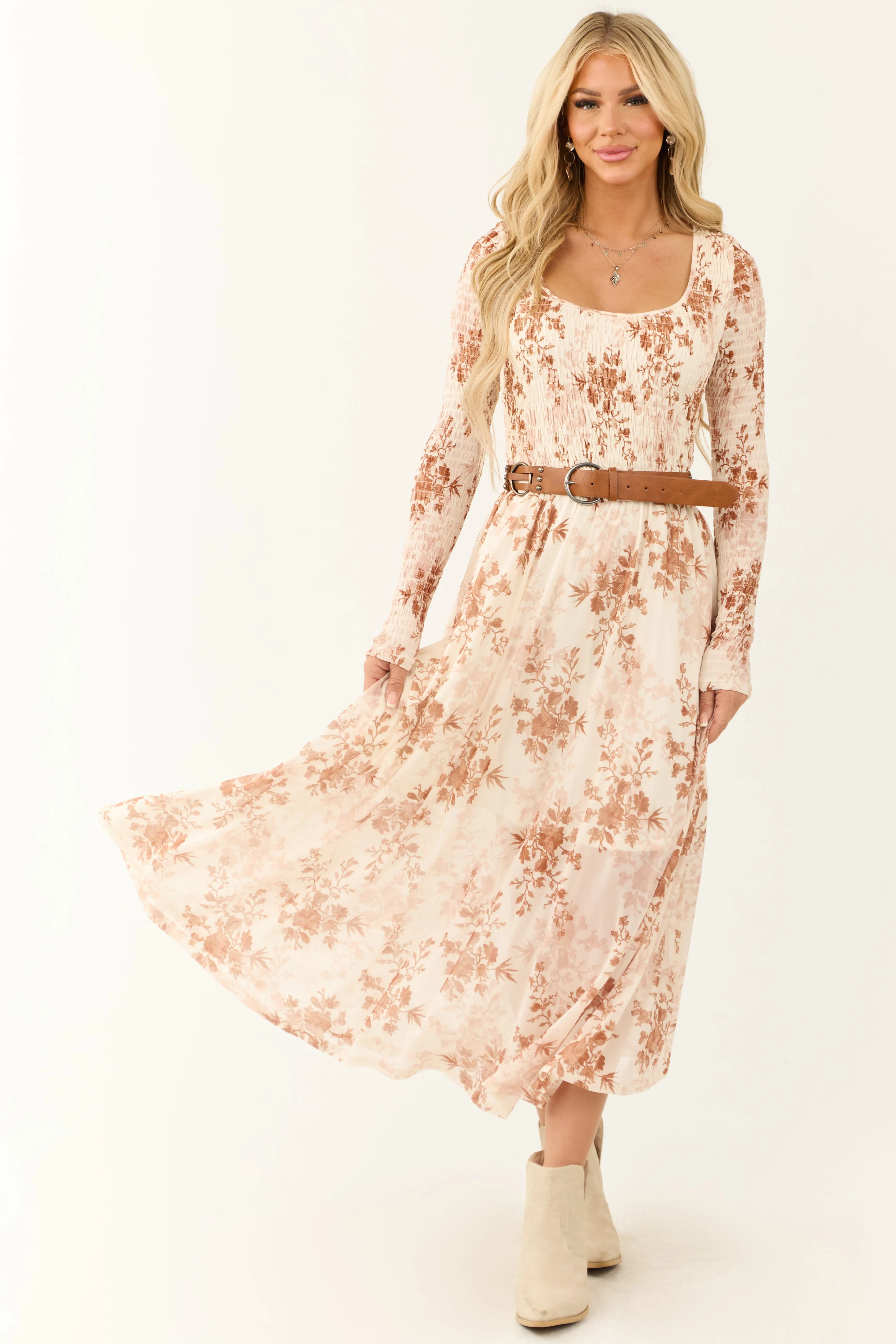 Cream Floral Print Smocked Scoop Maxi Dress sold by Lime Lush