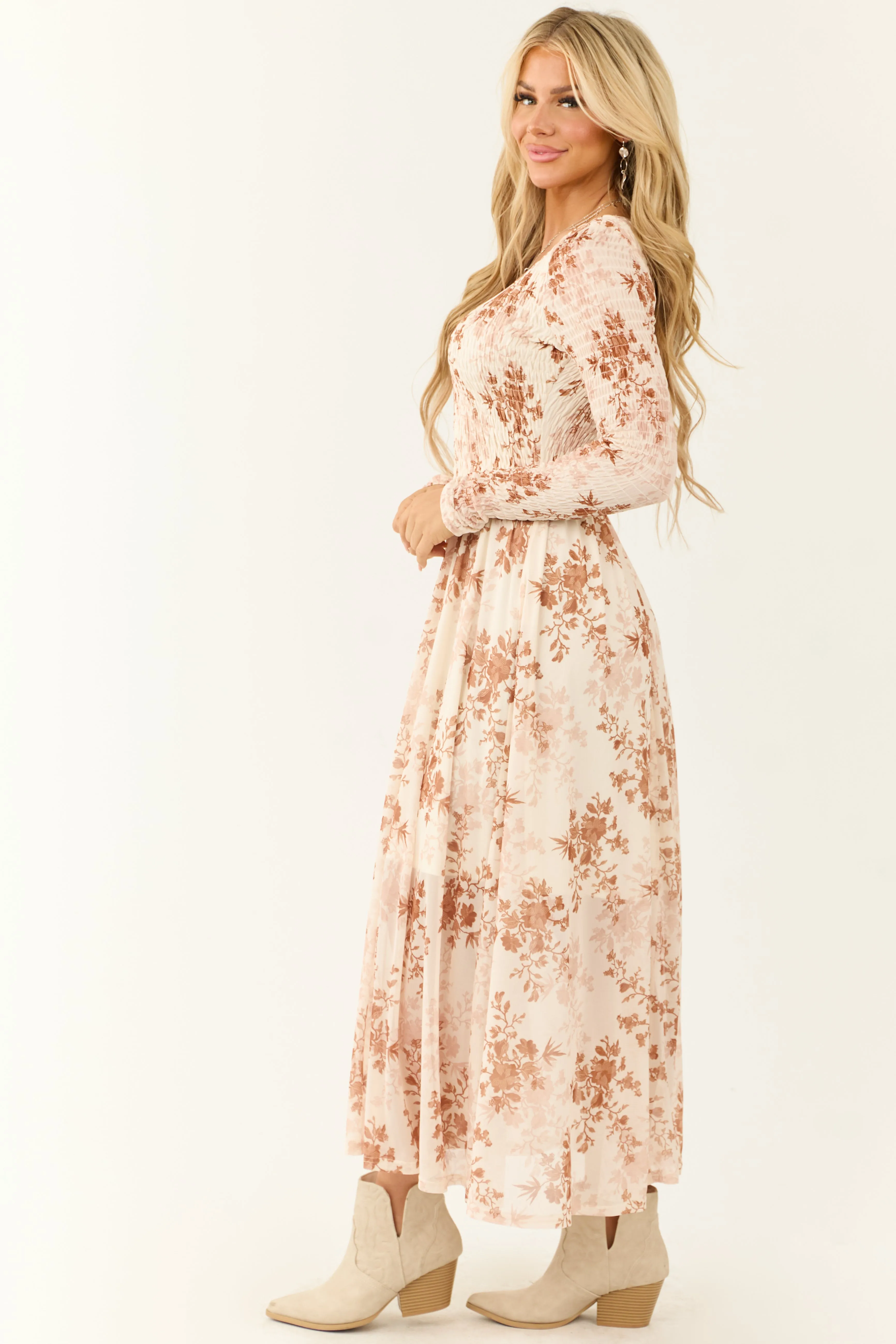 Cream Floral Print Smocked Scoop Maxi Dress sold by Lime Lush product image thumbnail 4