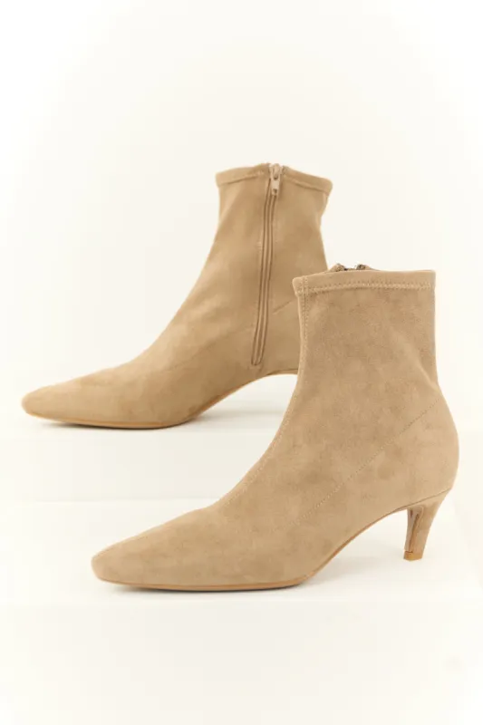 Latte Faux Suede Pointed Toe Ankle Booties with Heel sold by Lime Lush