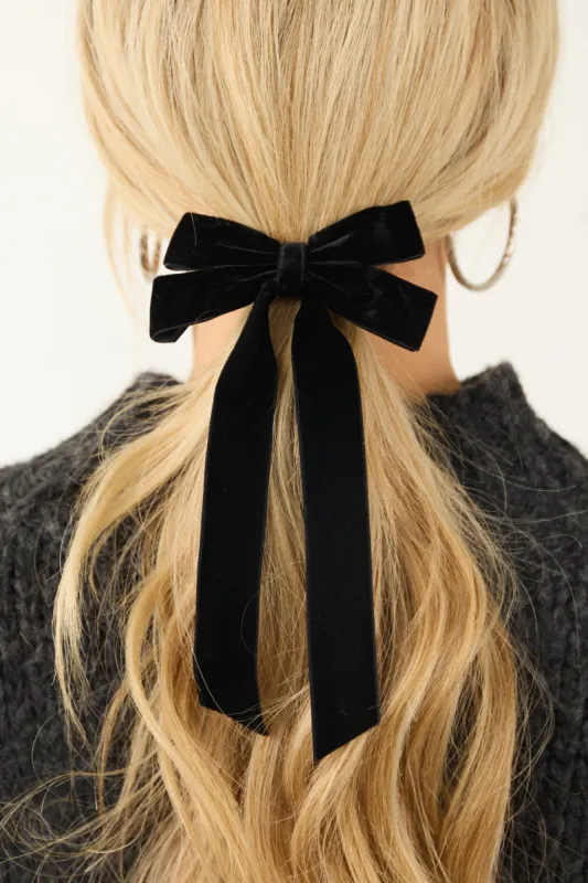 Black Velvet Long Ribbon Bow Hair Clip sold by Lime Lush