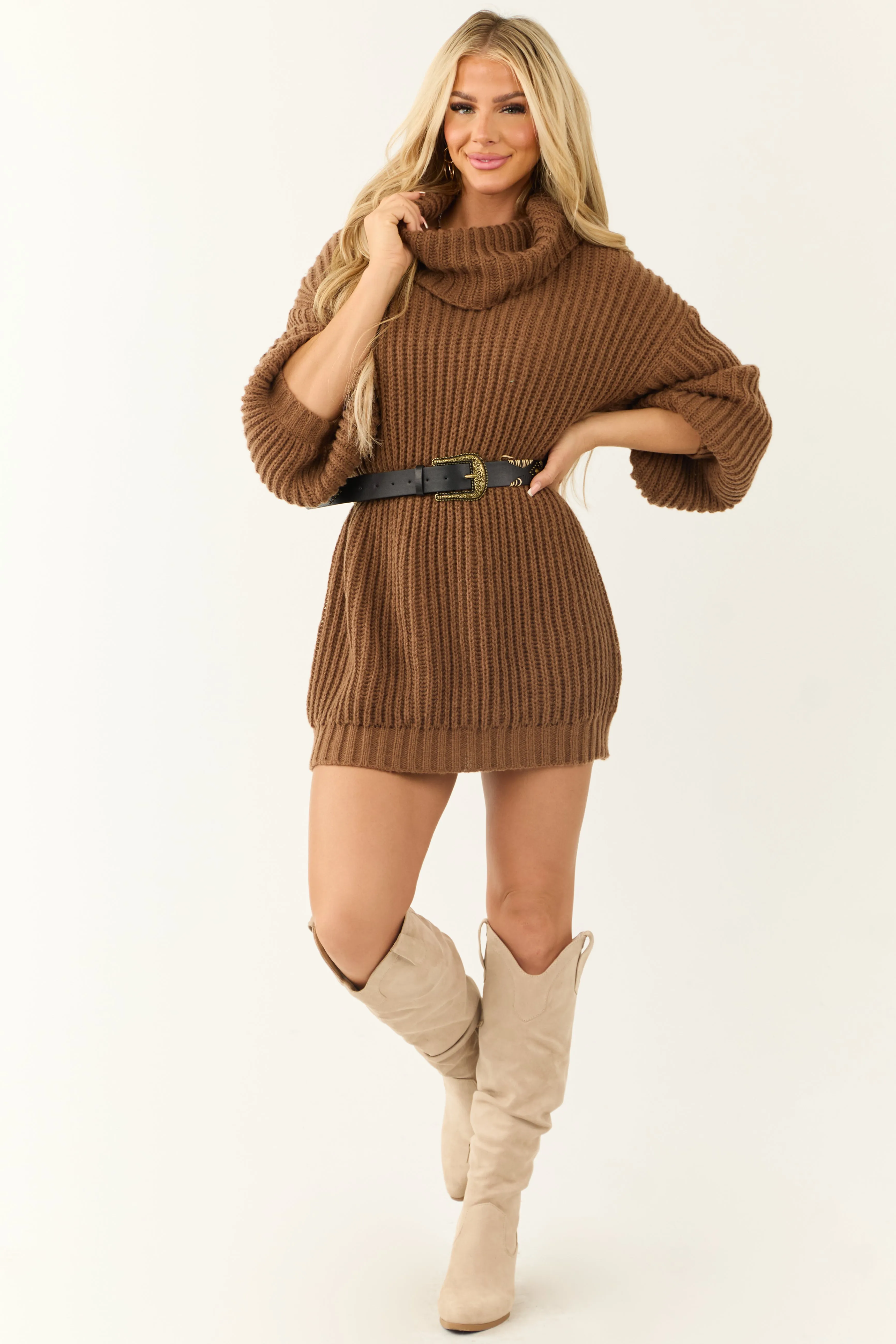 Cognac Chunky Ribbed Knit Turtleneck Tunic Sweater sold by Lime Lush product image thumbnail 4