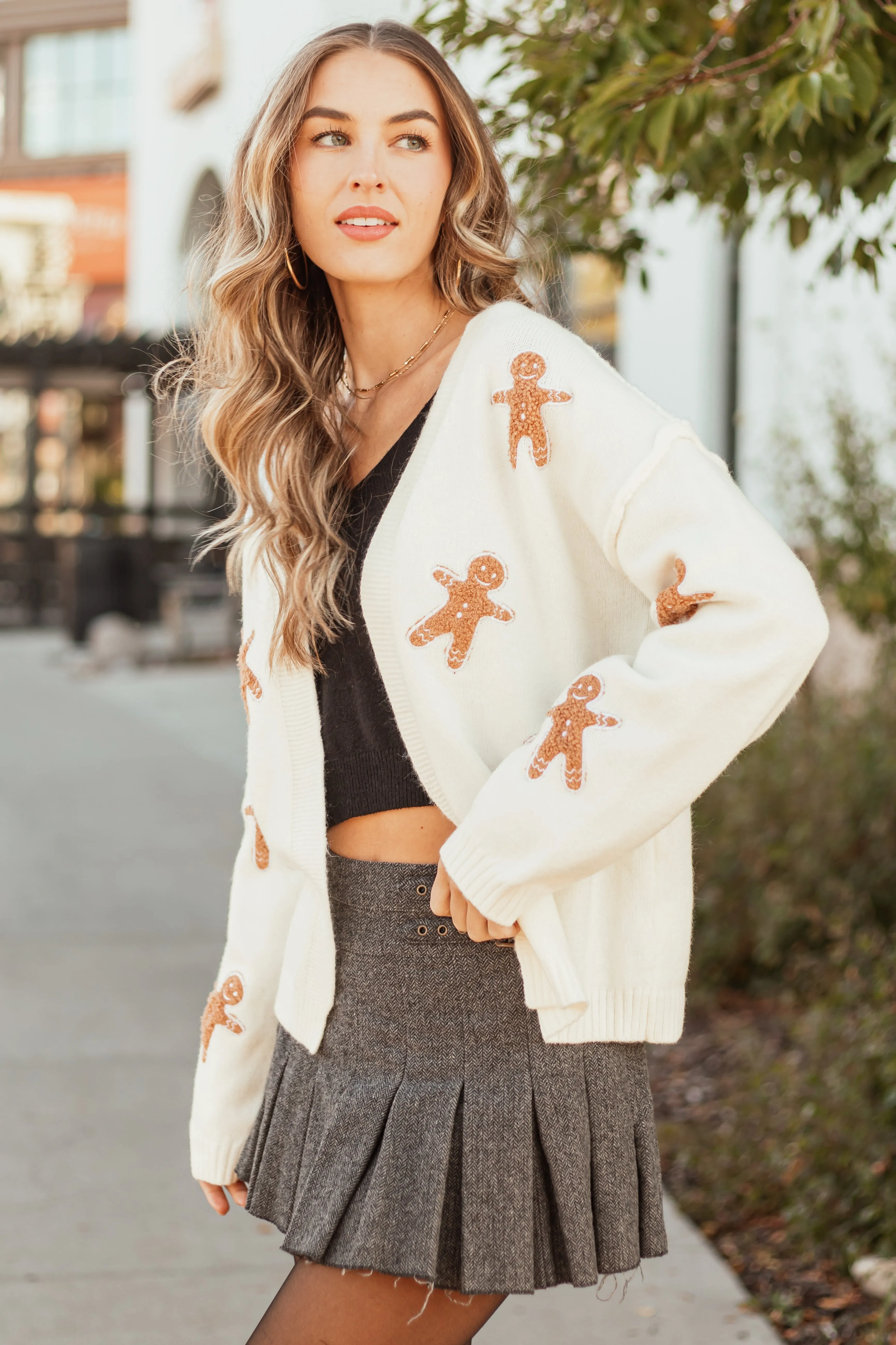 Ivory Gingerbread Man Embroidered Knit Cardigan sold by Lime Lush