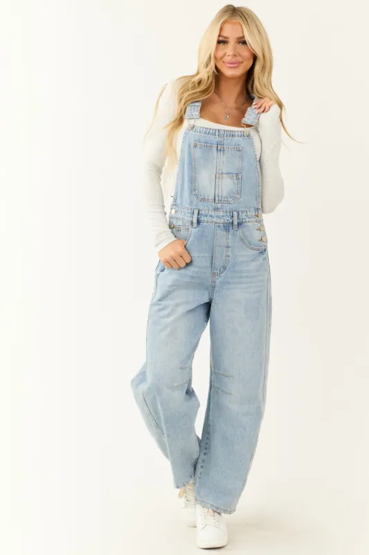 Light Wash Denim Barrel Overalls sold by Lime Lush