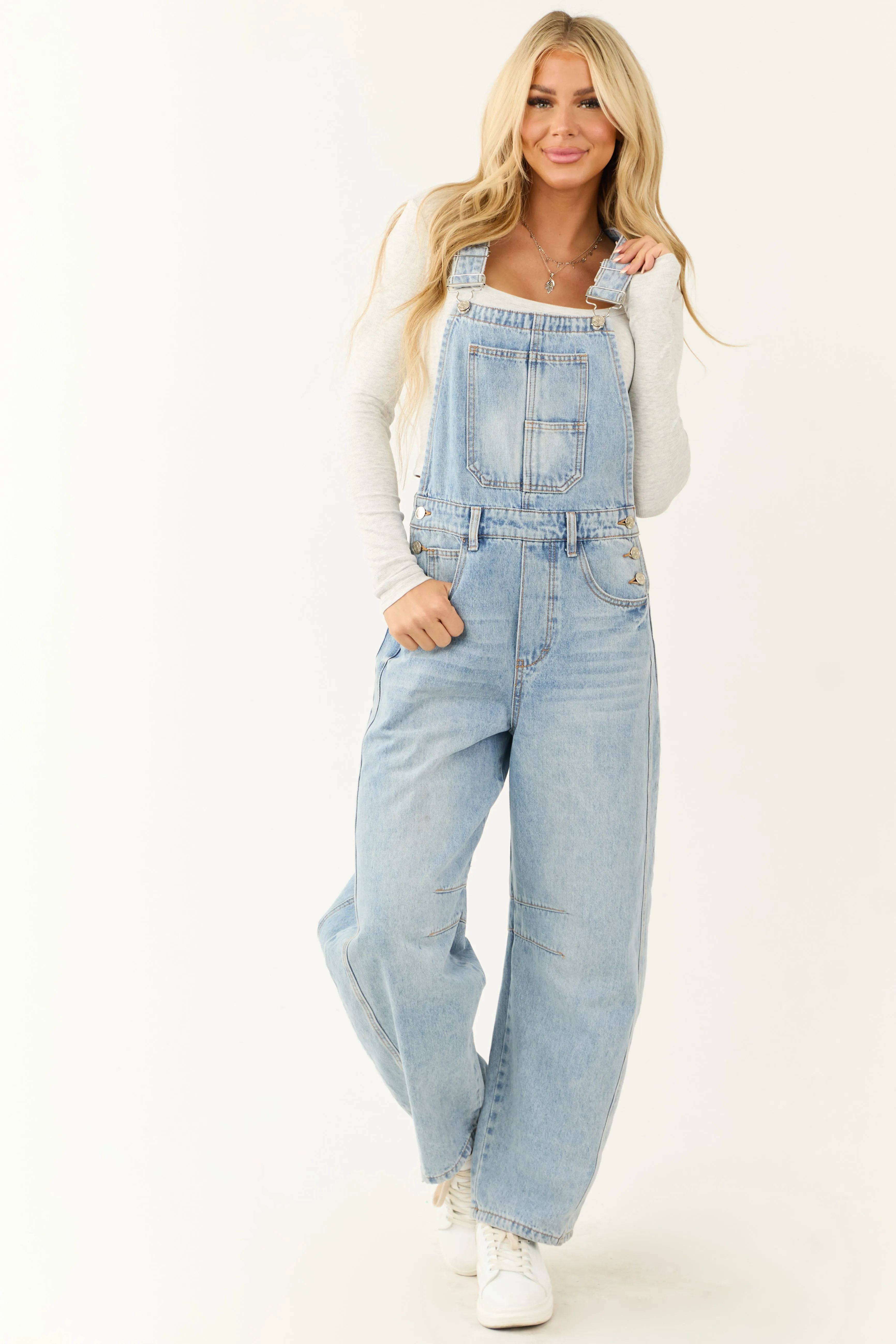 Light Wash Denim Barrel Overalls sold by Lime Lush