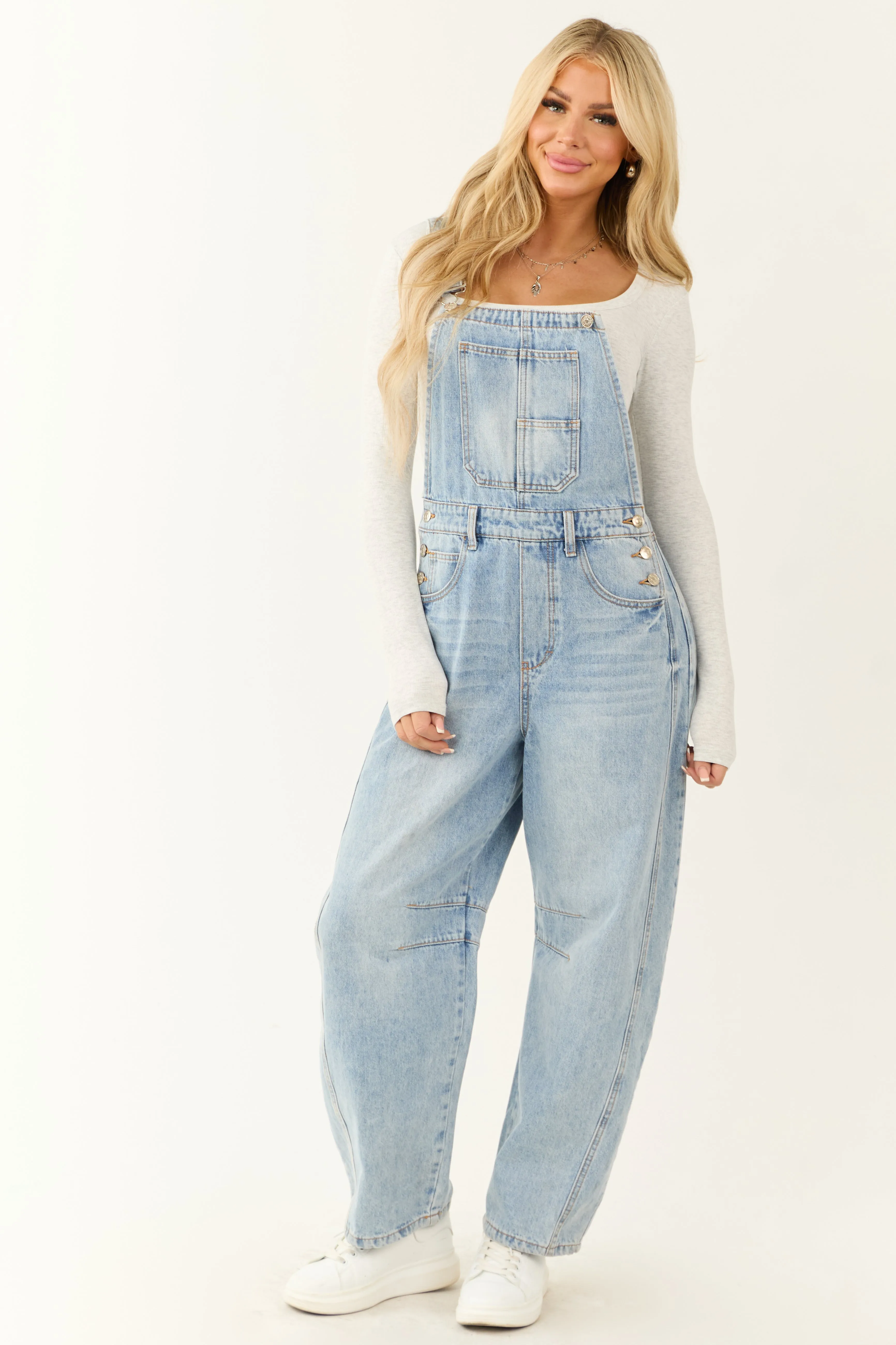 Light Wash Denim Barrel Overalls sold by Lime Lush product image thumbnail 4