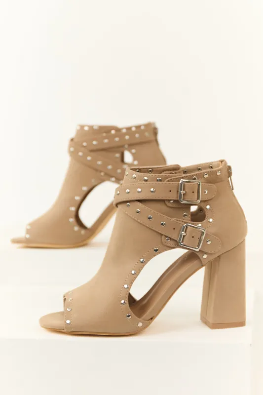 Latte Studded Buckle Straps Open Toed Heels sold by Lime Lush