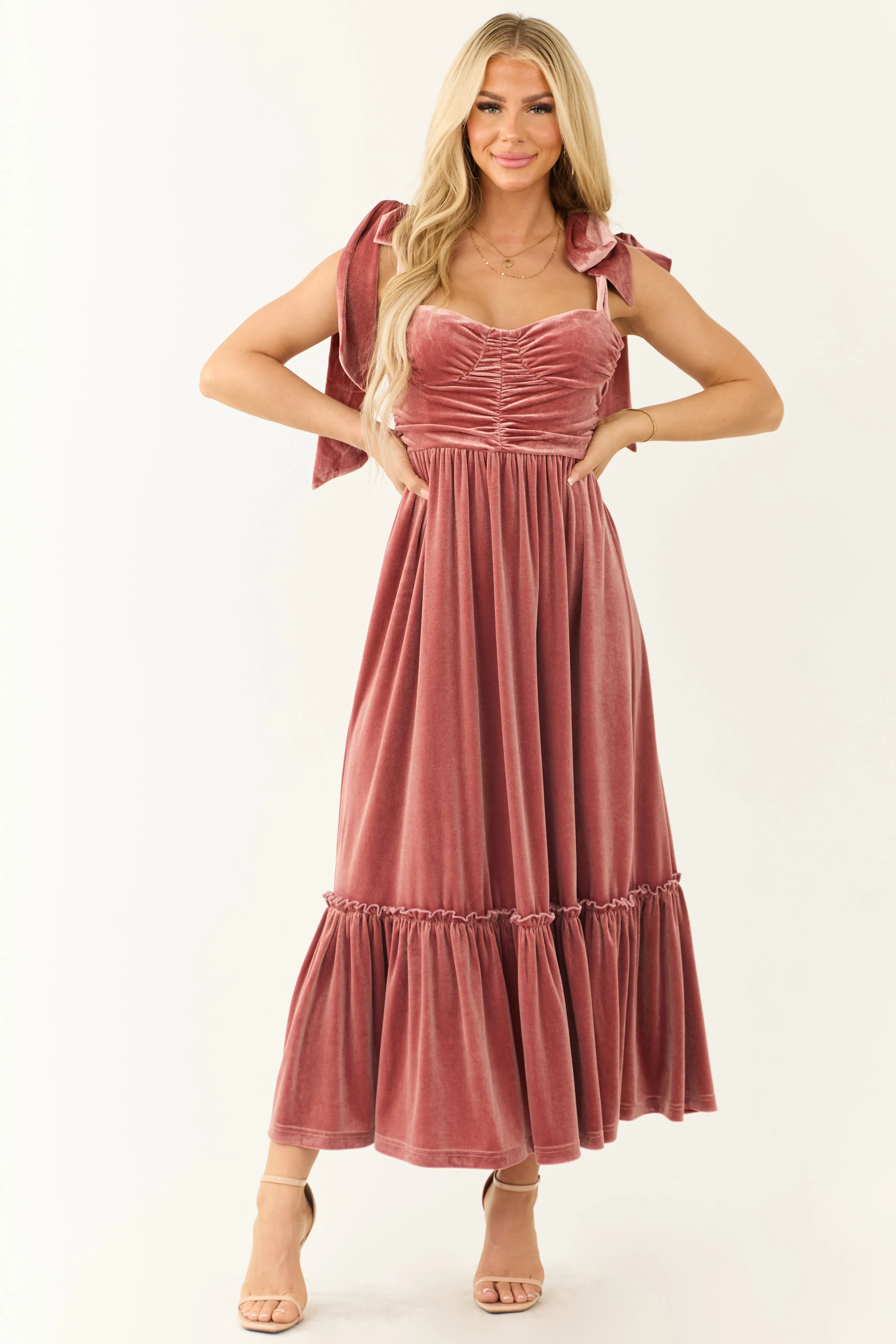 Punch Velvet Tie Straps Ruched Maxi Dress sold by Lime Lush product image thumbnail 3
