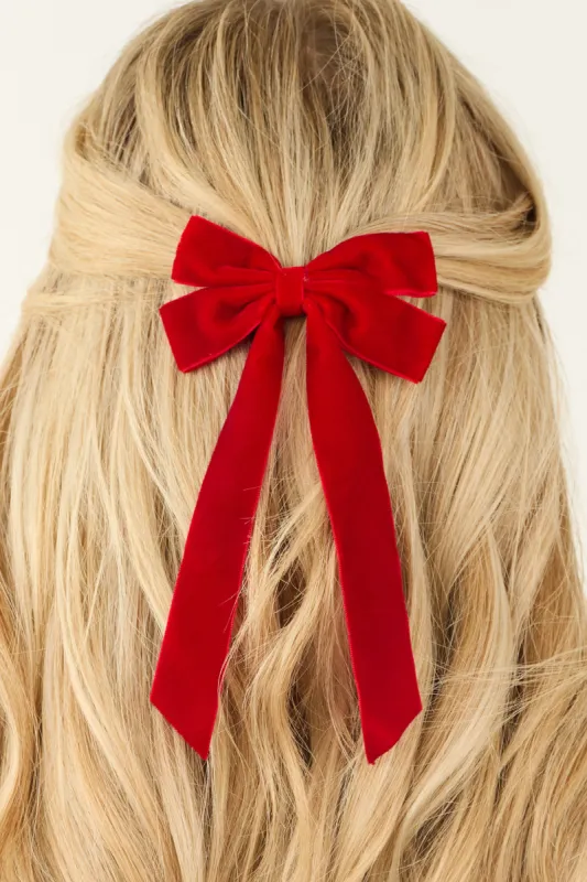 Ruby Velvet Long Ribbon Bow Hair Clip sold by Lime Lush