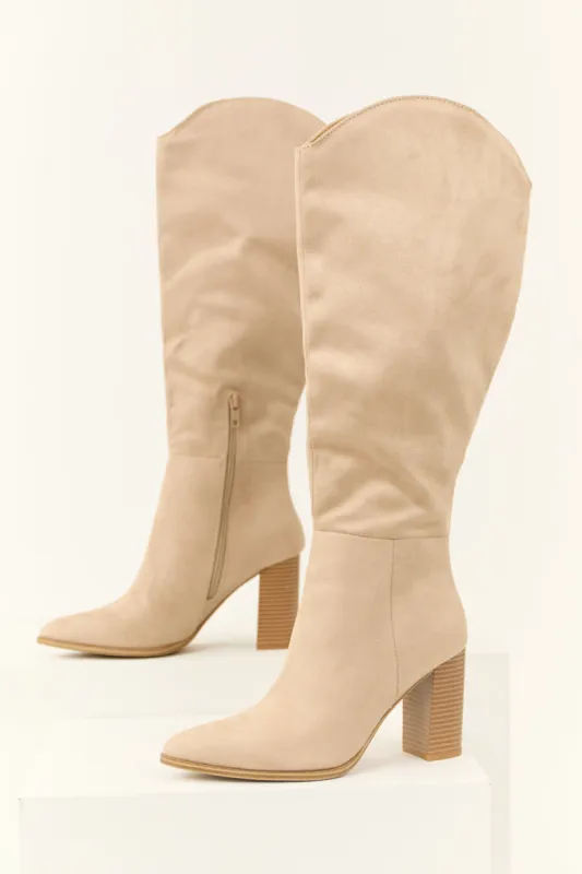 Oatmeal Faux Suede Block Heel Tall Boots sold by Lime Lush