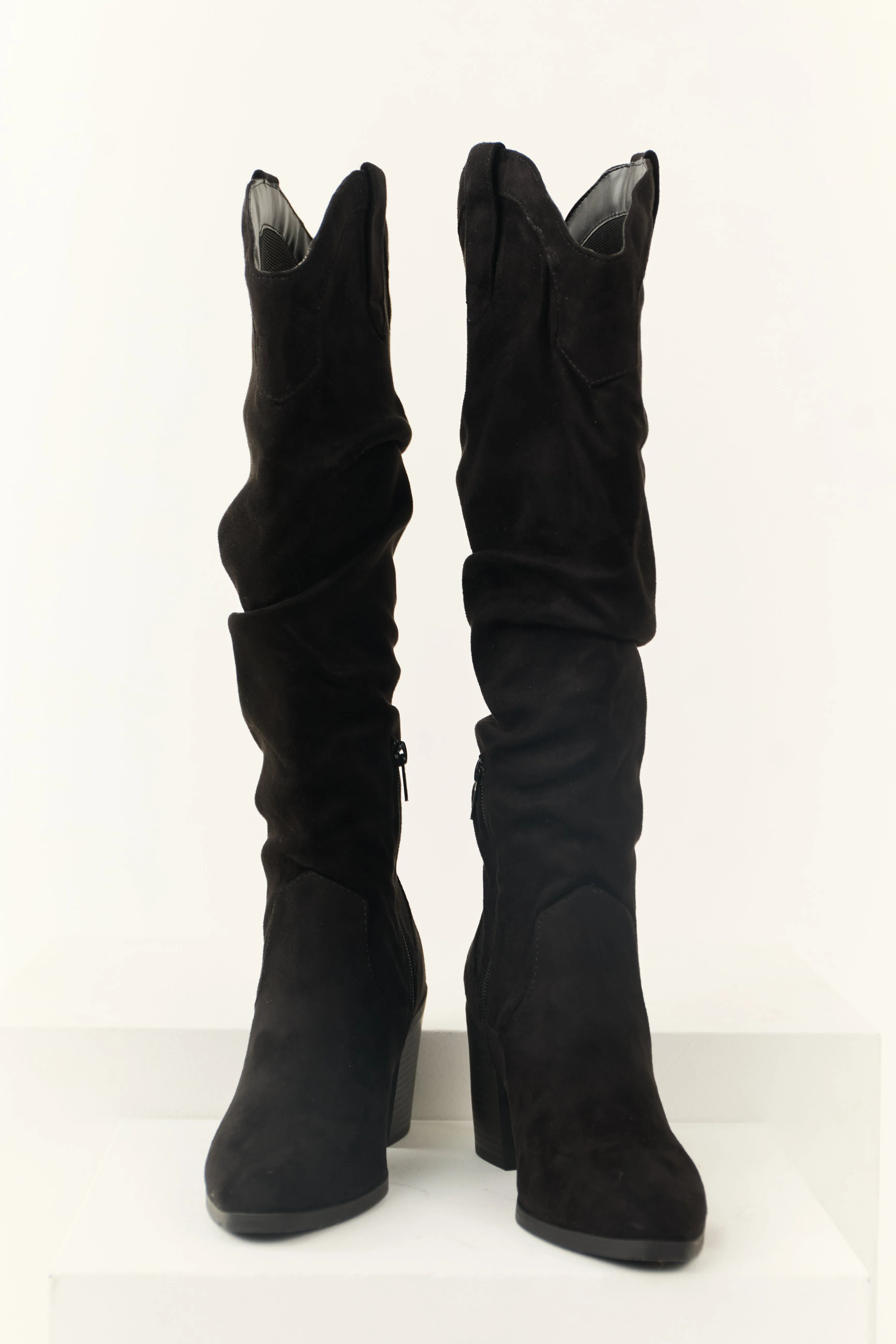 Black Faux Suede Slouchy Knee High Heeled Boots sold by Lime Lush product image thumbnail 2
