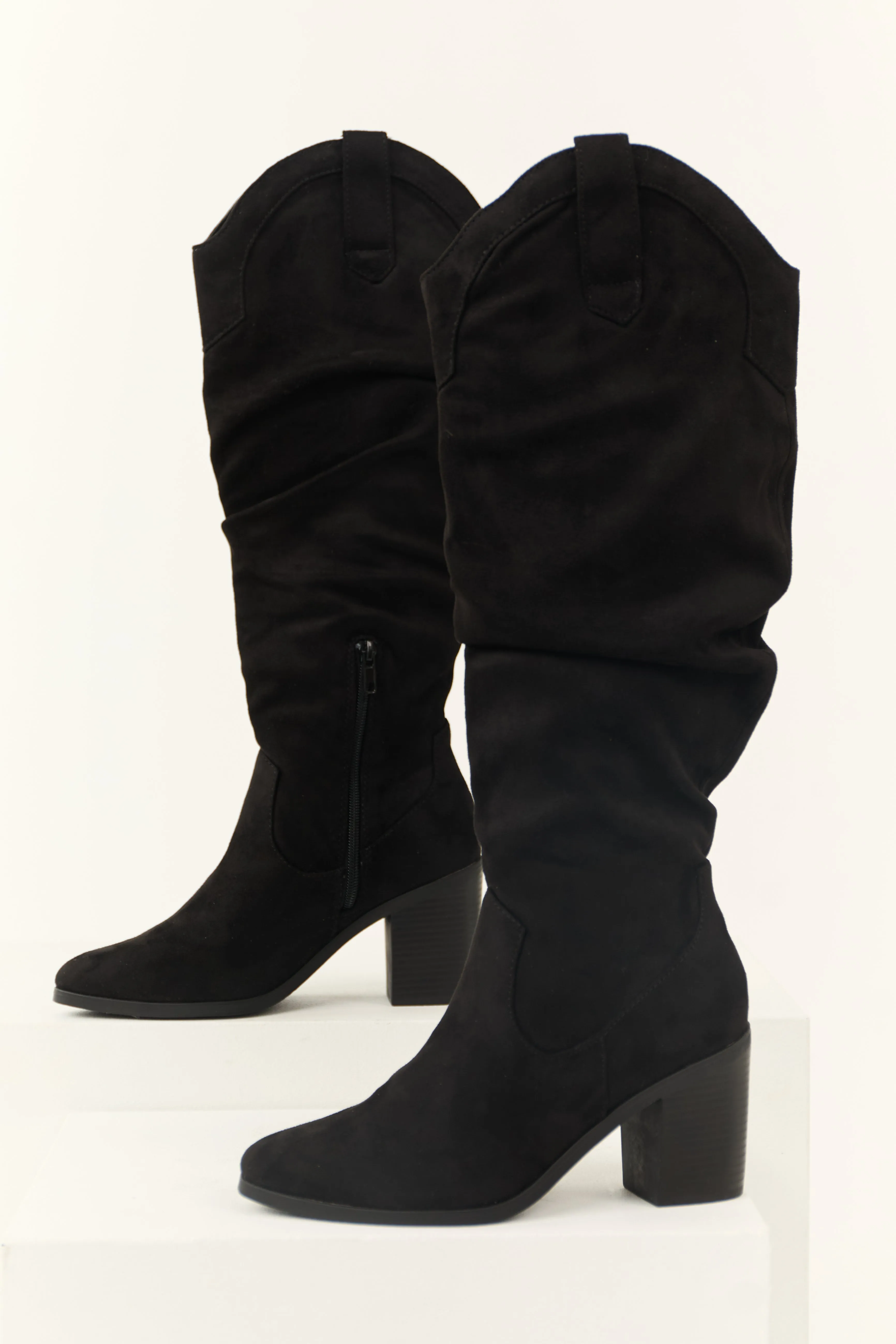 Black Faux Suede Slouchy Knee High Heeled Boots sold by Lime Lush