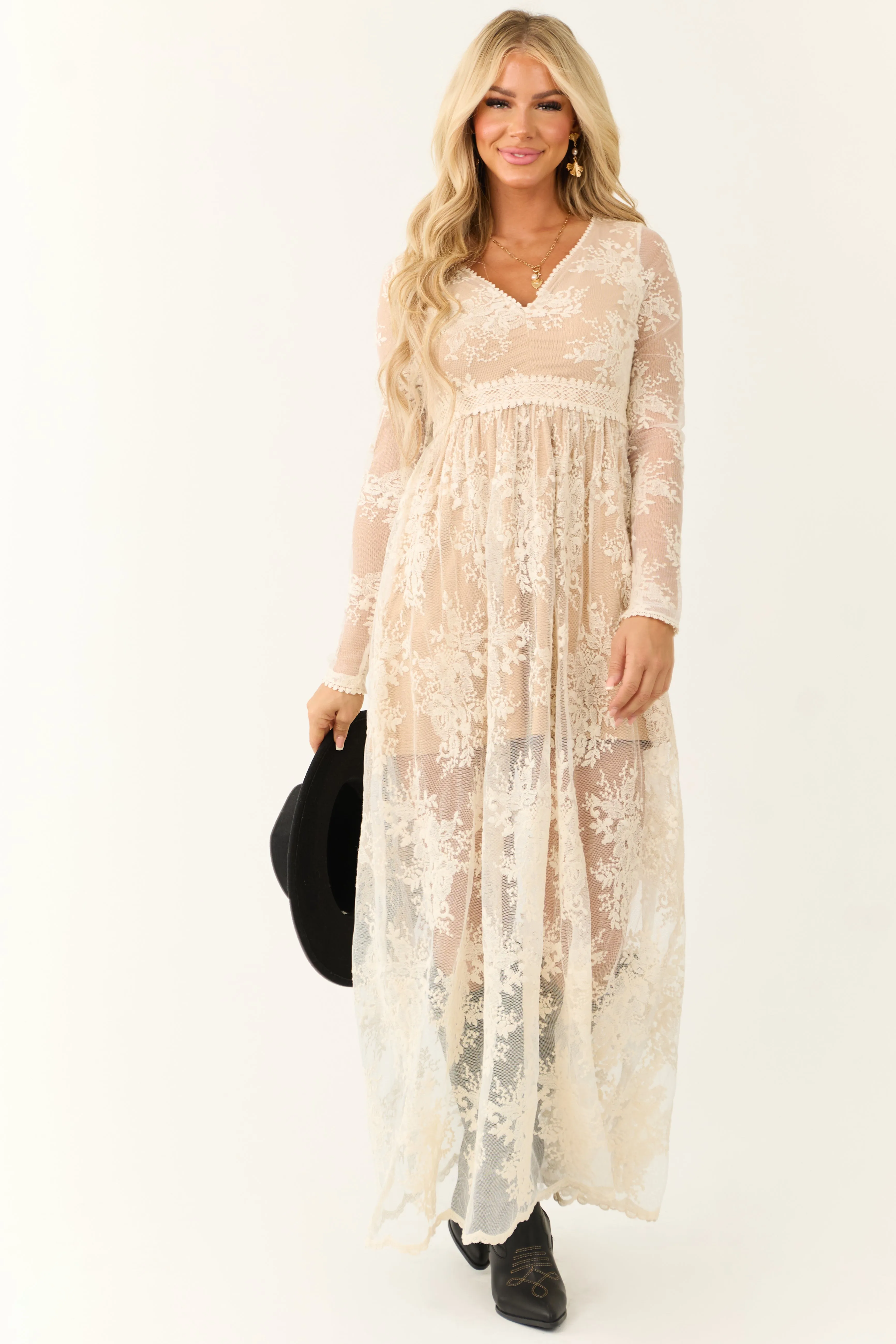 Ivory Floral Lace Long Sleeve V Neck Maxi Dress sold by Lime Lush product image thumbnail 3