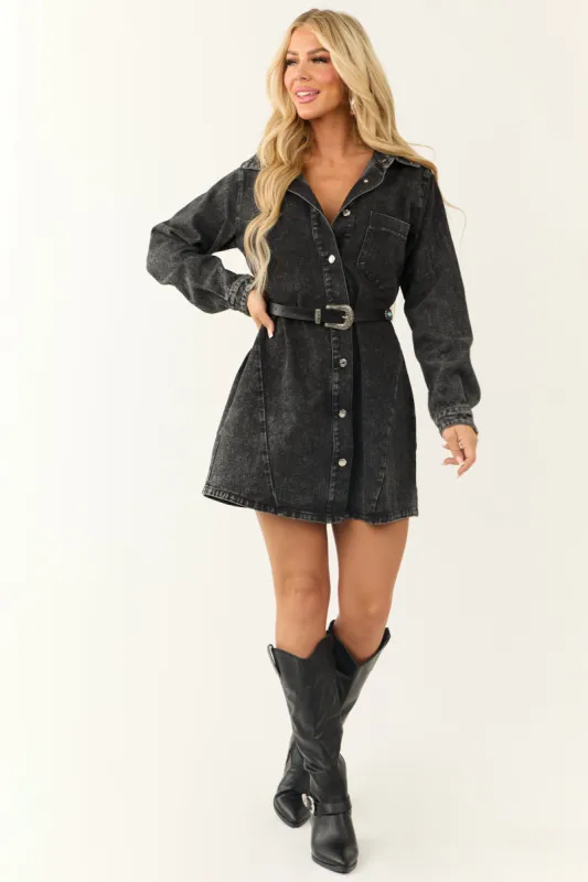 Black Denim Button Down Long Sleeve Mini Dress sold by Lime Lush
