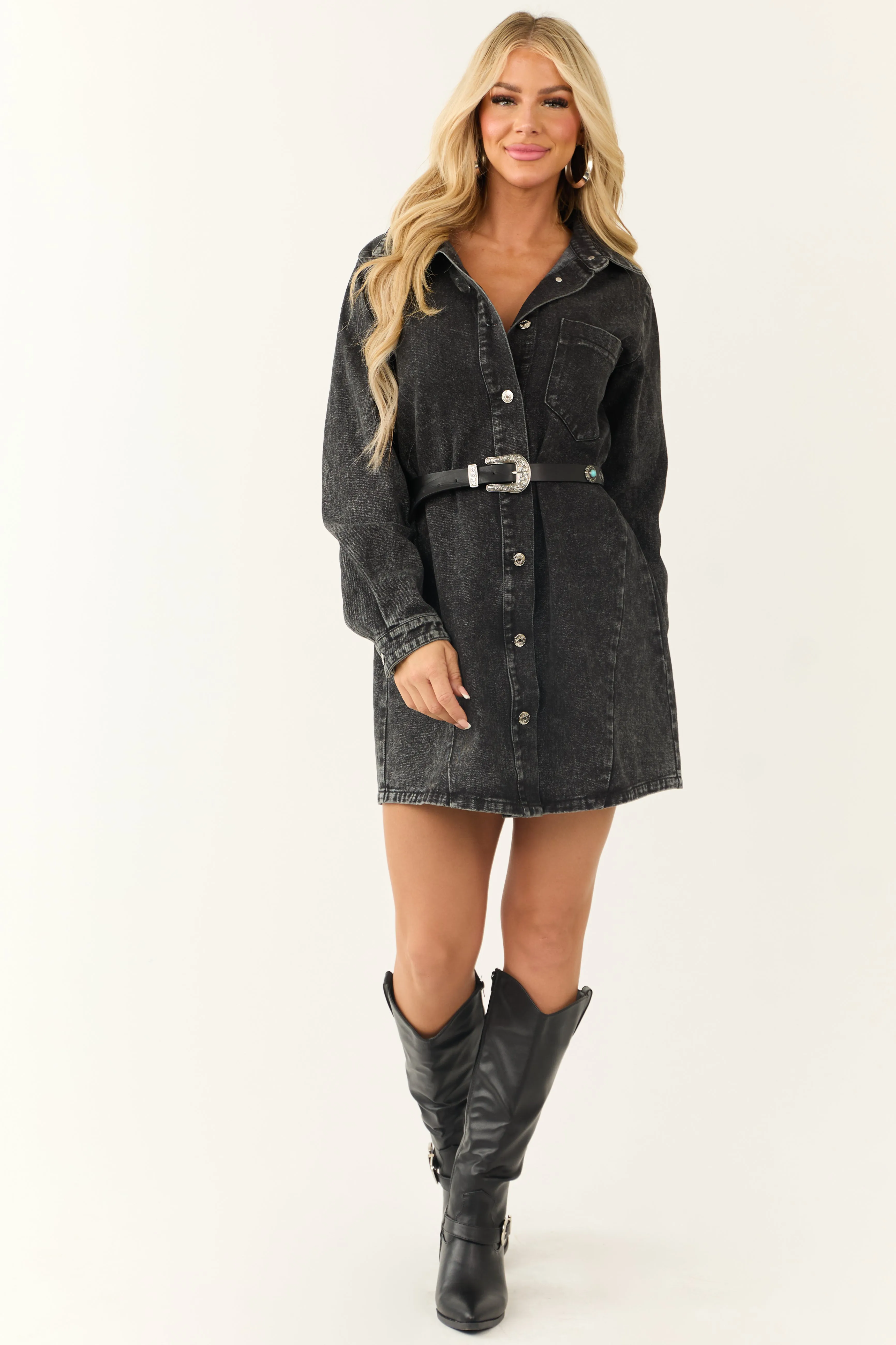 Black Denim Button Down Long Sleeve Mini Dress sold by Lime Lush product image thumbnail 2