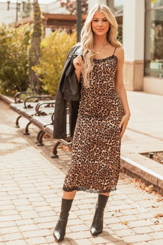 Cognac Leopard Print Sleeveless Midi Slip Dress sold by Lime Lush