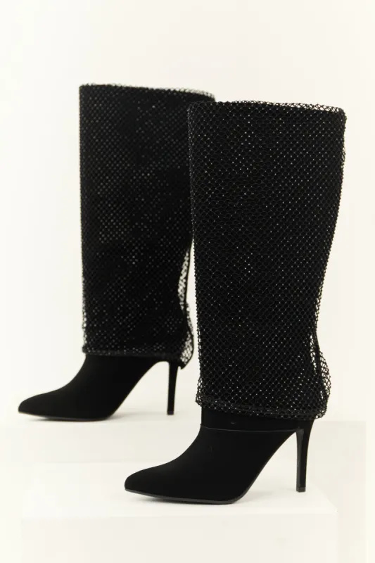 Black Mesh Overlay Stiletto Knee High Boots sold by Lime Lush