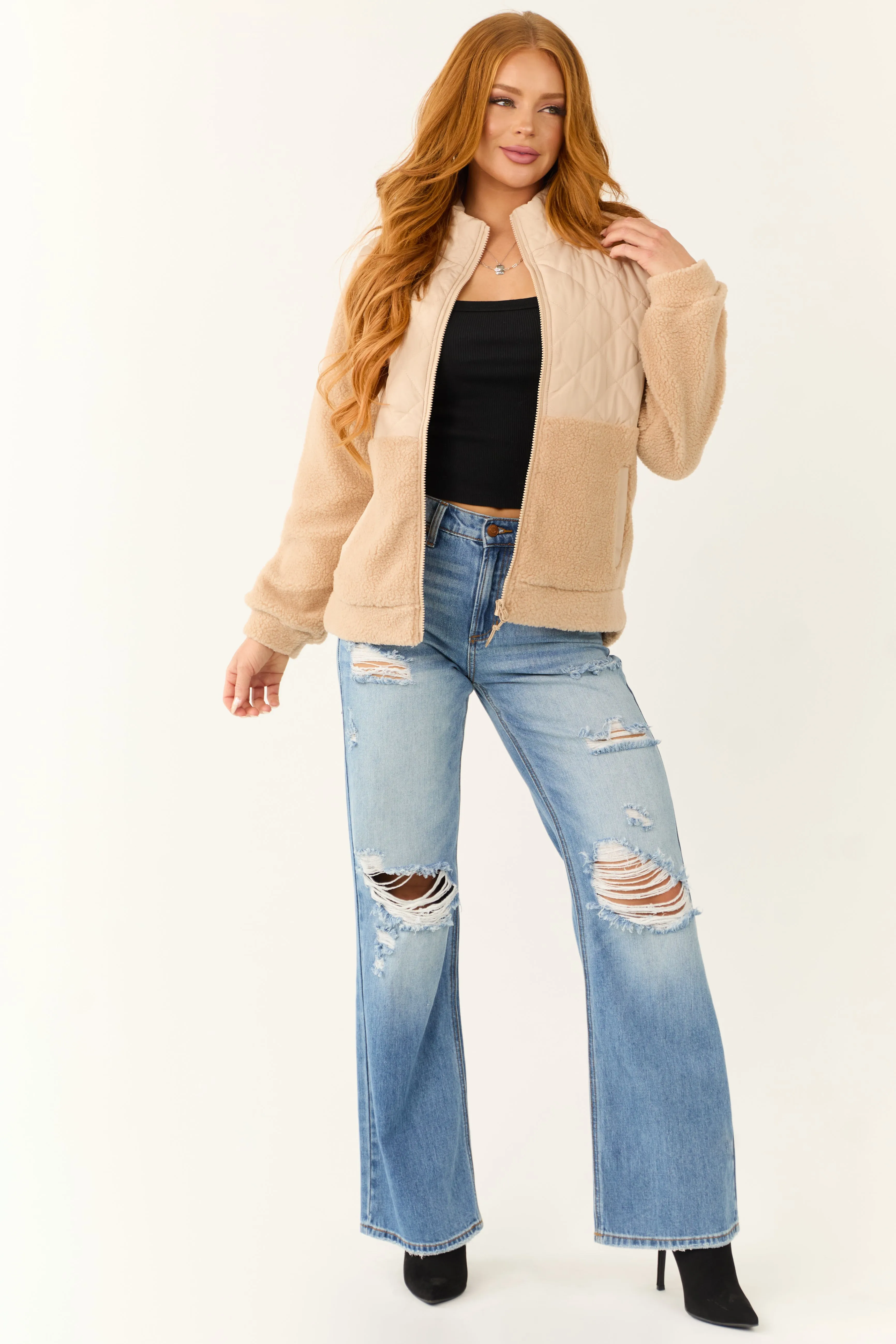 Beige Sherpa Quilted Zip Up Mock Neck Jacket sold by Lime Lush product image thumbnail 2