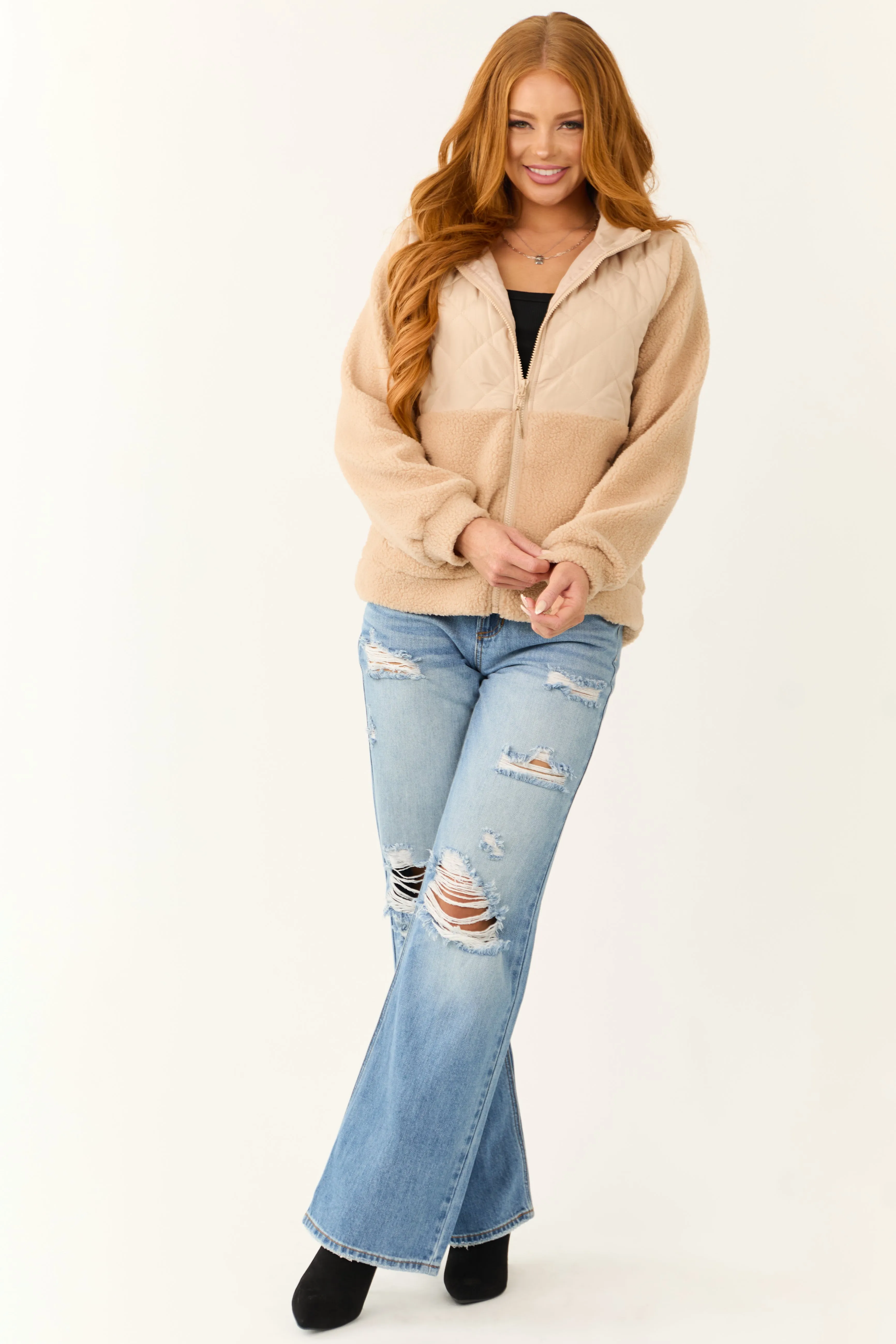 Beige Sherpa Quilted Zip Up Mock Neck Jacket sold by Lime Lush product image thumbnail 4