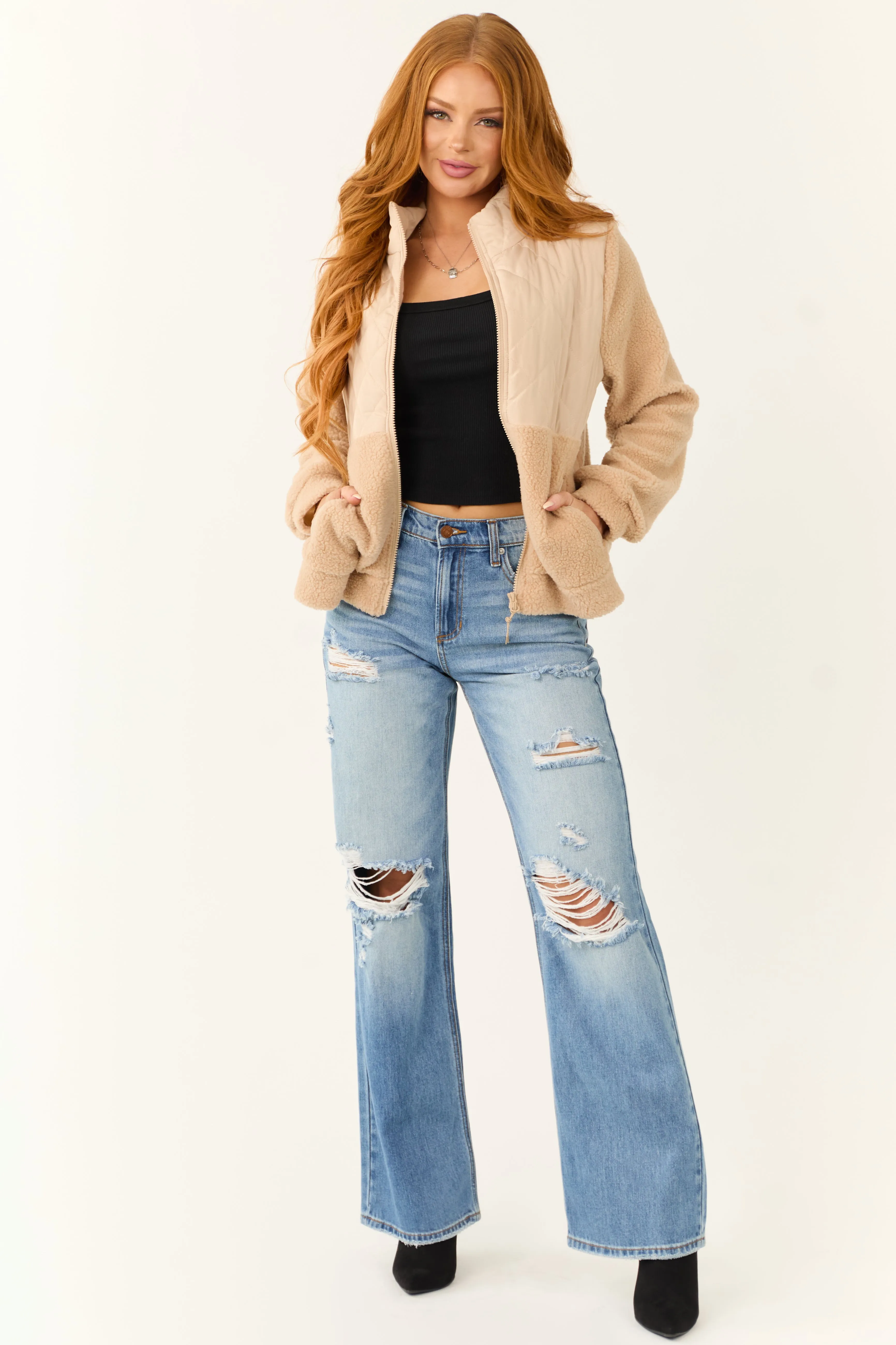 Beige Sherpa Quilted Zip Up Mock Neck Jacket sold by Lime Lush product image thumbnail 3