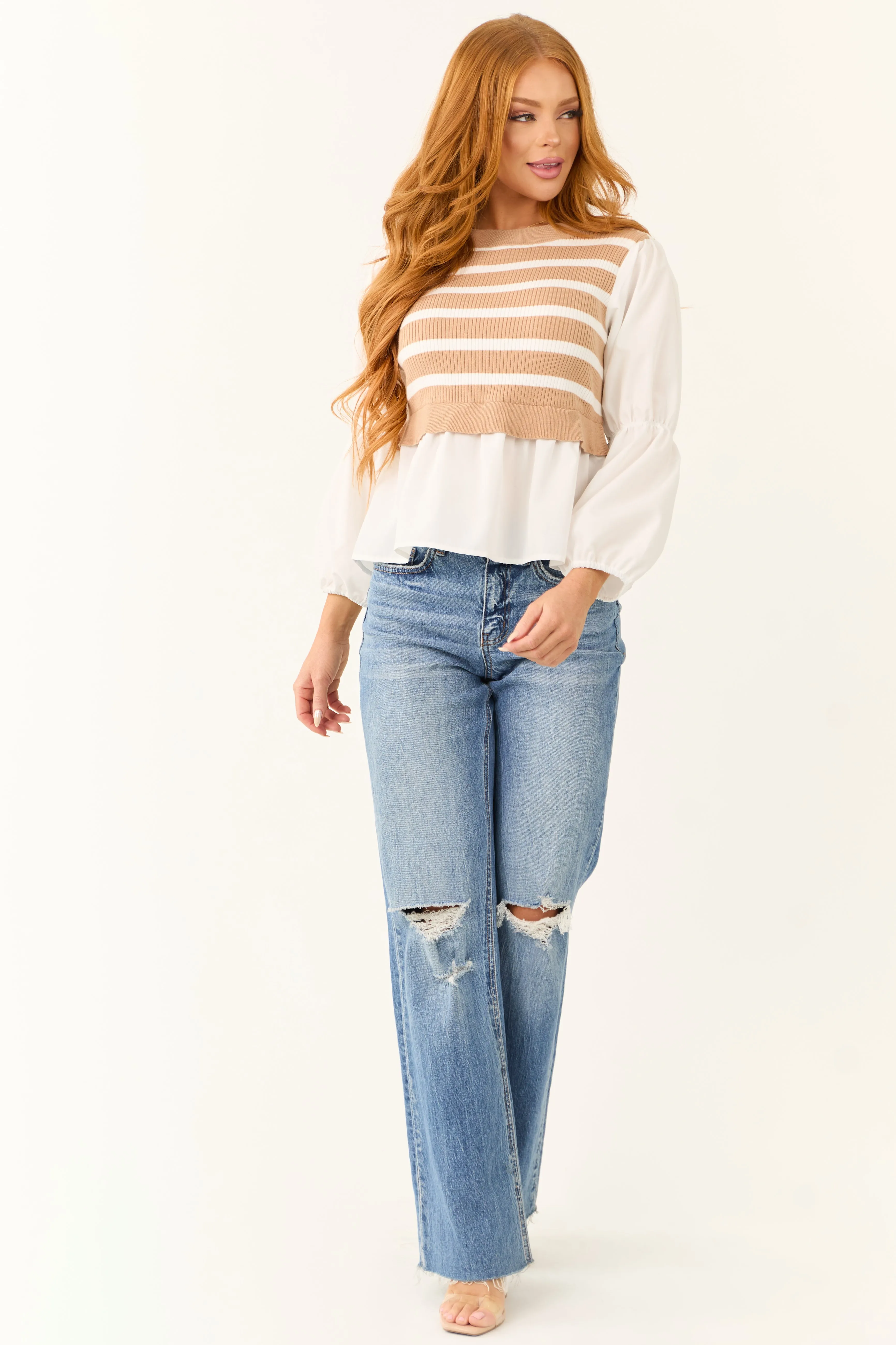 Beige Striped Sweater Vest with Long Sleeve Top sold by Lime Lush product image thumbnail 2