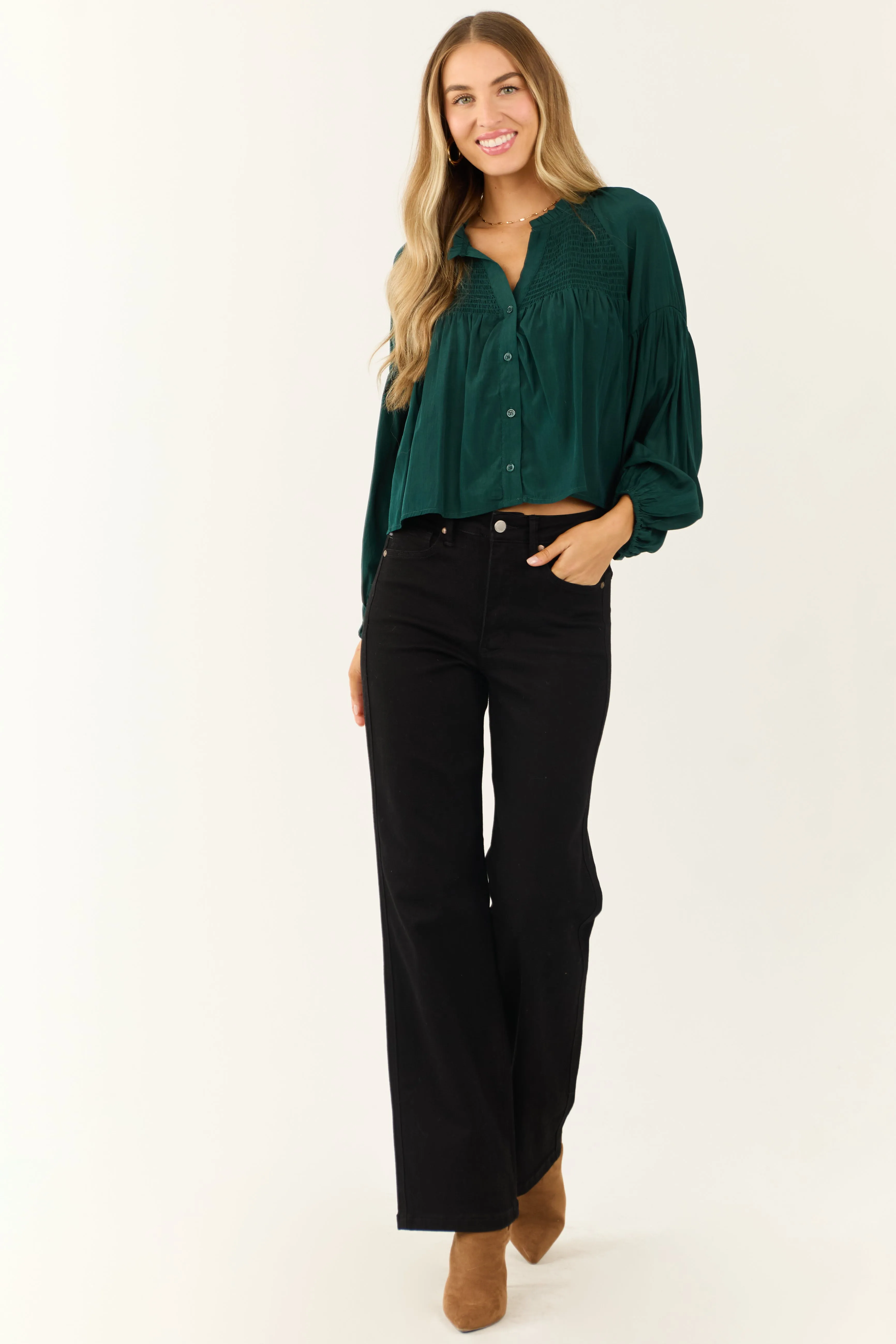 Forest Green Button Up Smocked Yoke Long Sleeve Top sold by Lime Lush product image thumbnail 2